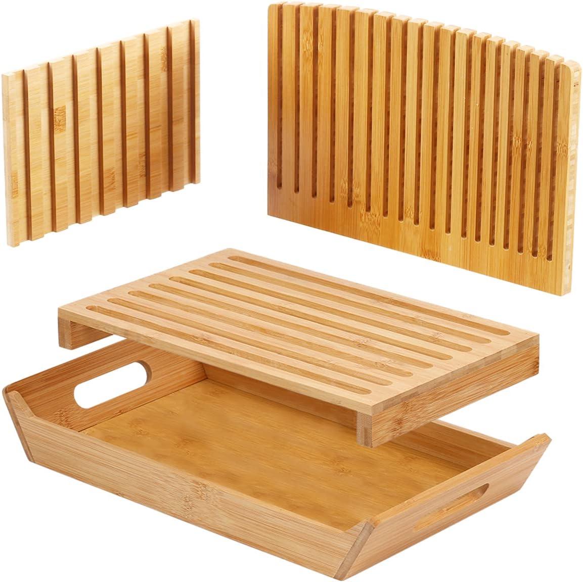 Premium Bamboo Bread Slicer for Homemade Bread, Crumb Catcher, Foldable and Compact Loaf Cutter 3 Size Slicing Guide