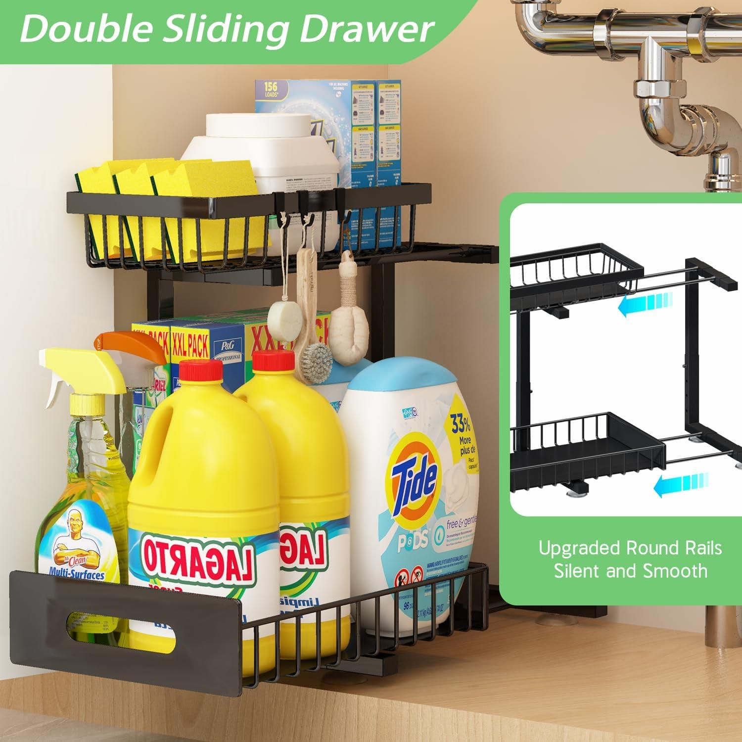 Under Sink Organizers and Storage, 2 Pack Pull Out Kitchen Bathroom Cabinet Organizer, 2 Tier Black Under Sink Storage for Bathroom Kitchen, Under Counter Storage Organizer with 8 Hooks