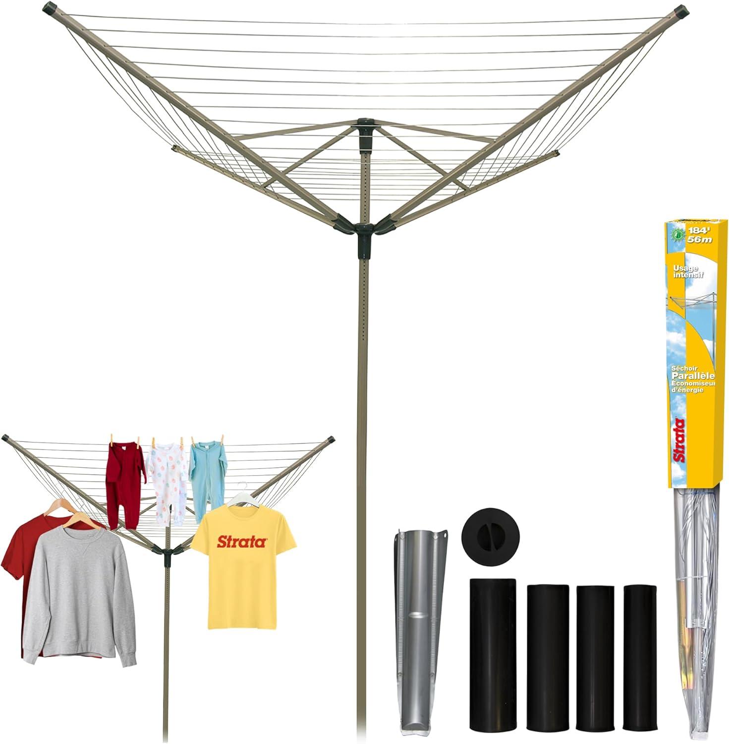 184 FT Umbrella Clothesline Outdoor - Clothes Line Outdoors Heavy Duty Parallel Silver Aluminum Frame with Ground Spike & Socket - Clotheslines for Outside Laundry Drying, Washing Line