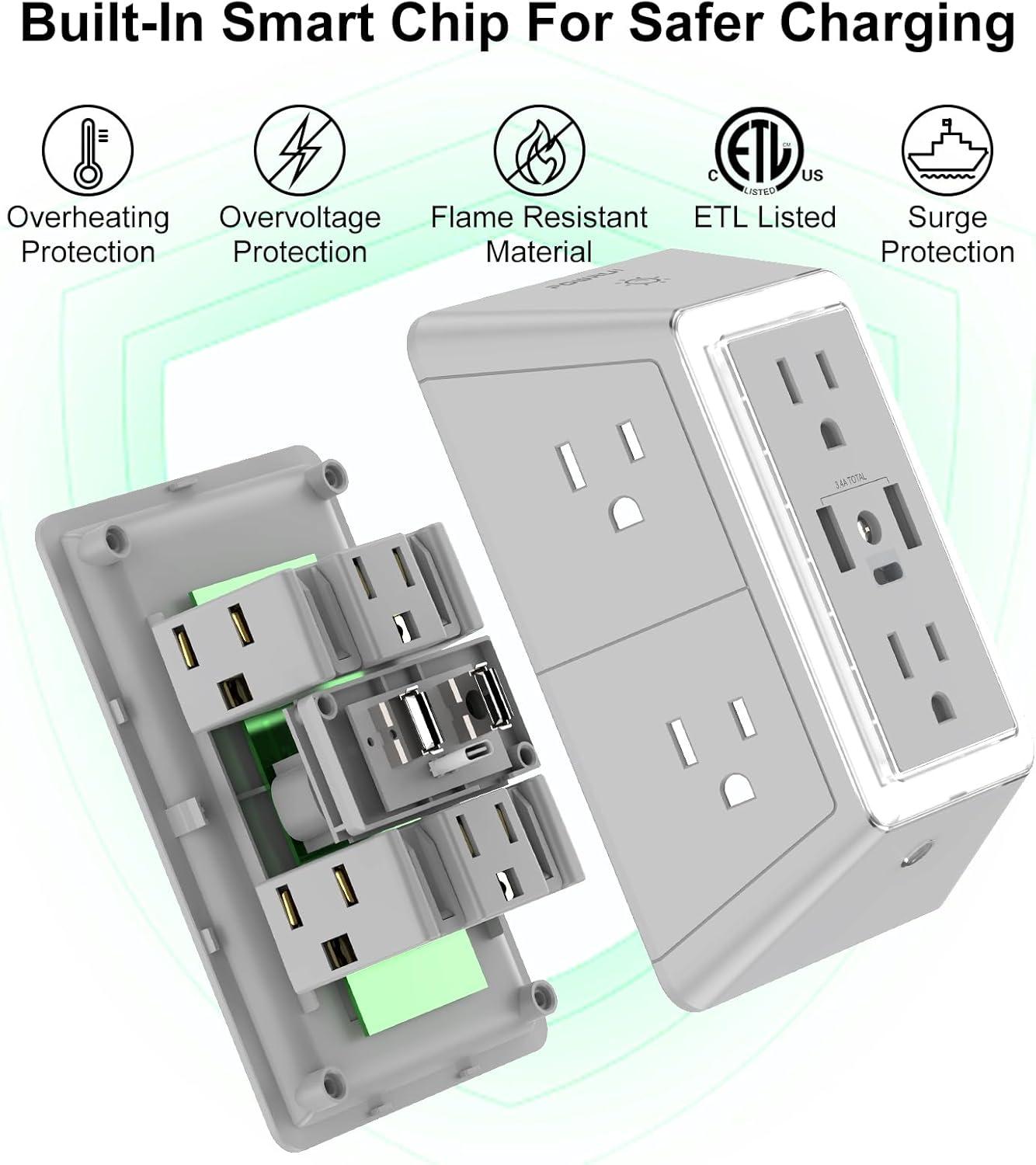 POWRUI Power Strip Surge Protector - 6 AC Outlets With 3 USB Ports (1 USB C), Night Light, 3-Sided Multi Plug Wall Extender With Spaced Outlets - Grey, ETL Listed