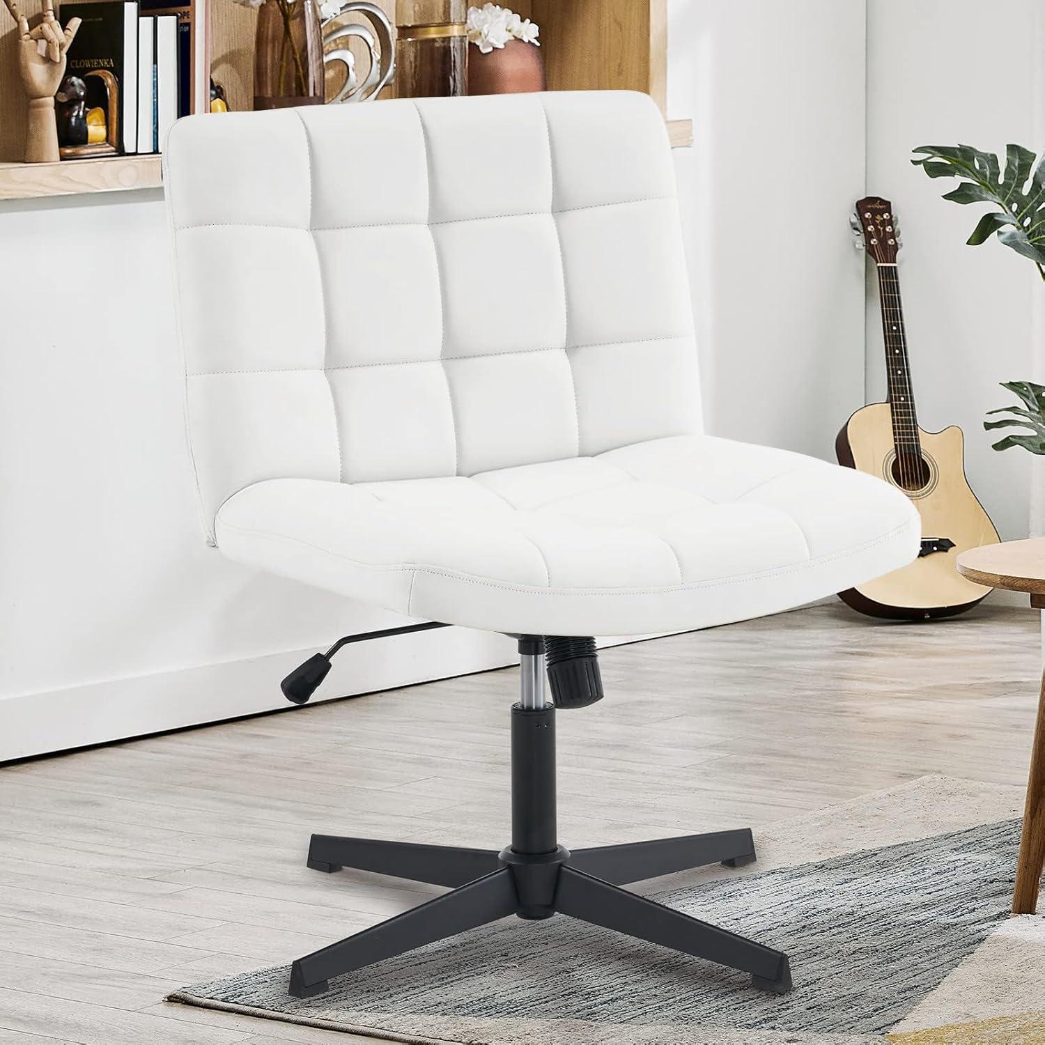 Armless Home Office Task Desk Computer Chair No Wheels PU-Padded Adjustable Swivel Vanity Chair lvory white