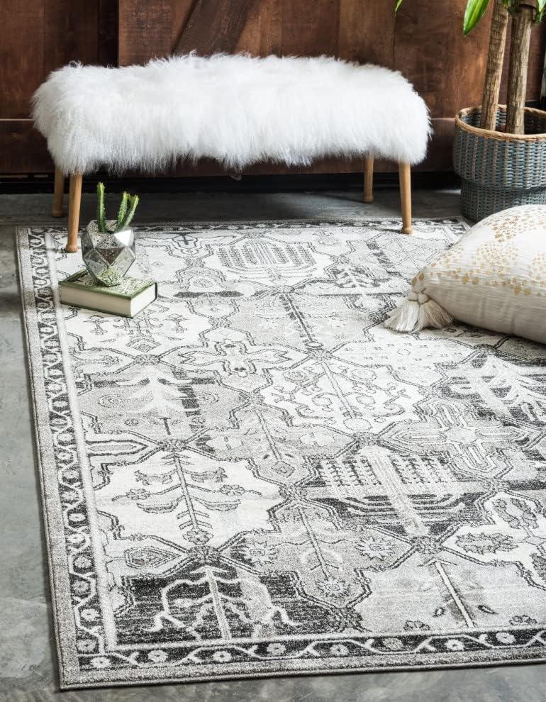 Ivory and Gray Easy-Care Synthetic Rectangular Rug