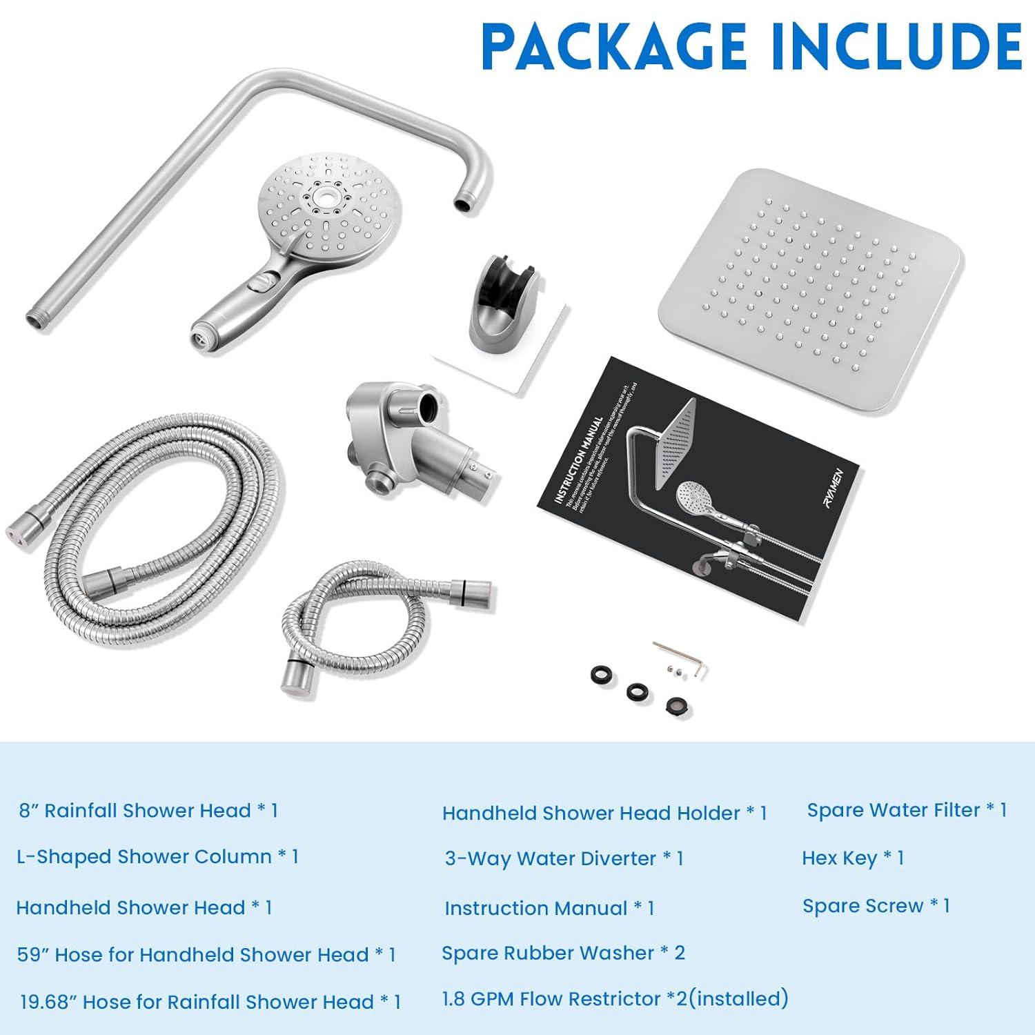 8" Dual Shower Head Combo, Rainfall Shower Head with Handheld, 6 Spray Settings Angle Adjustable Handheld Shower Head with Pause, Height Adjustable, Matte Black