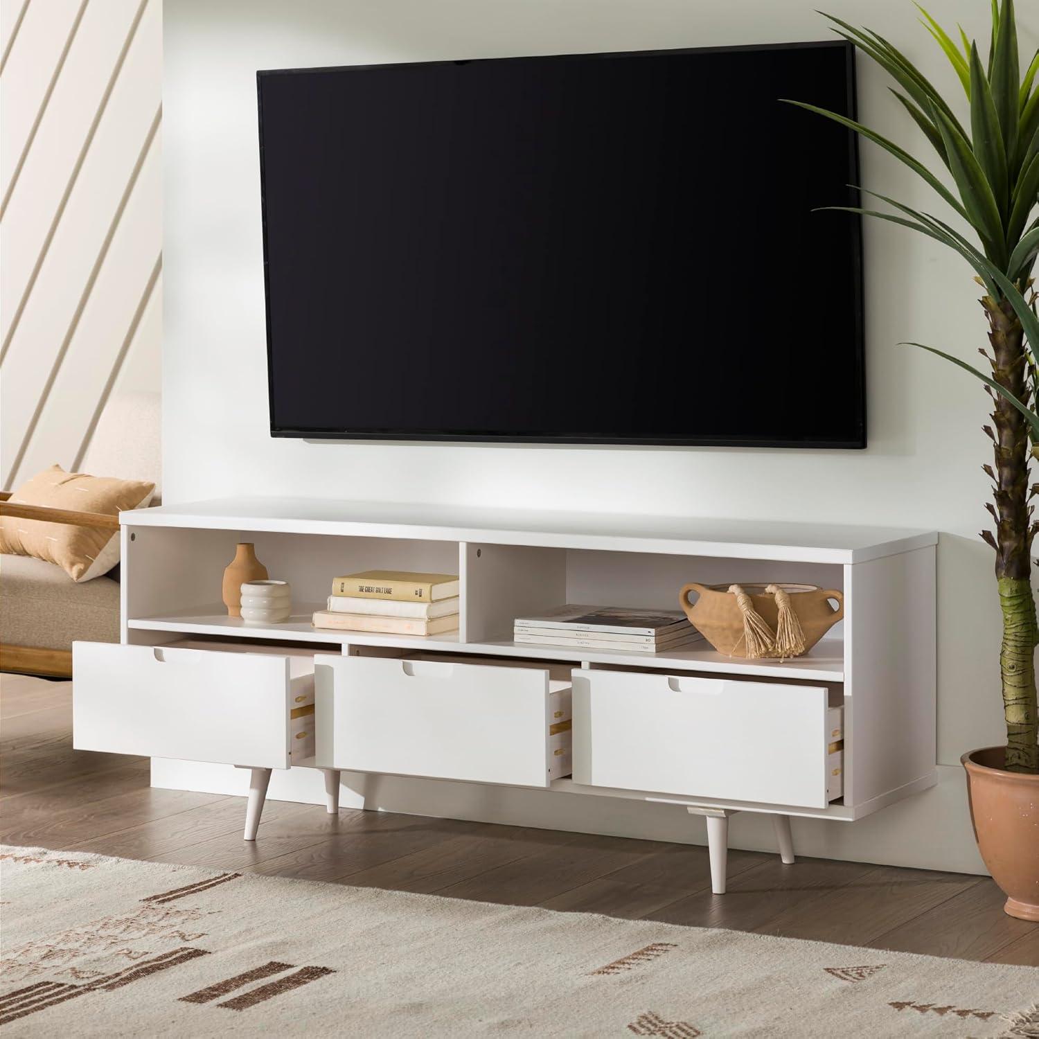 White Solid Pine Wood 58" TV Stand with Cabinet