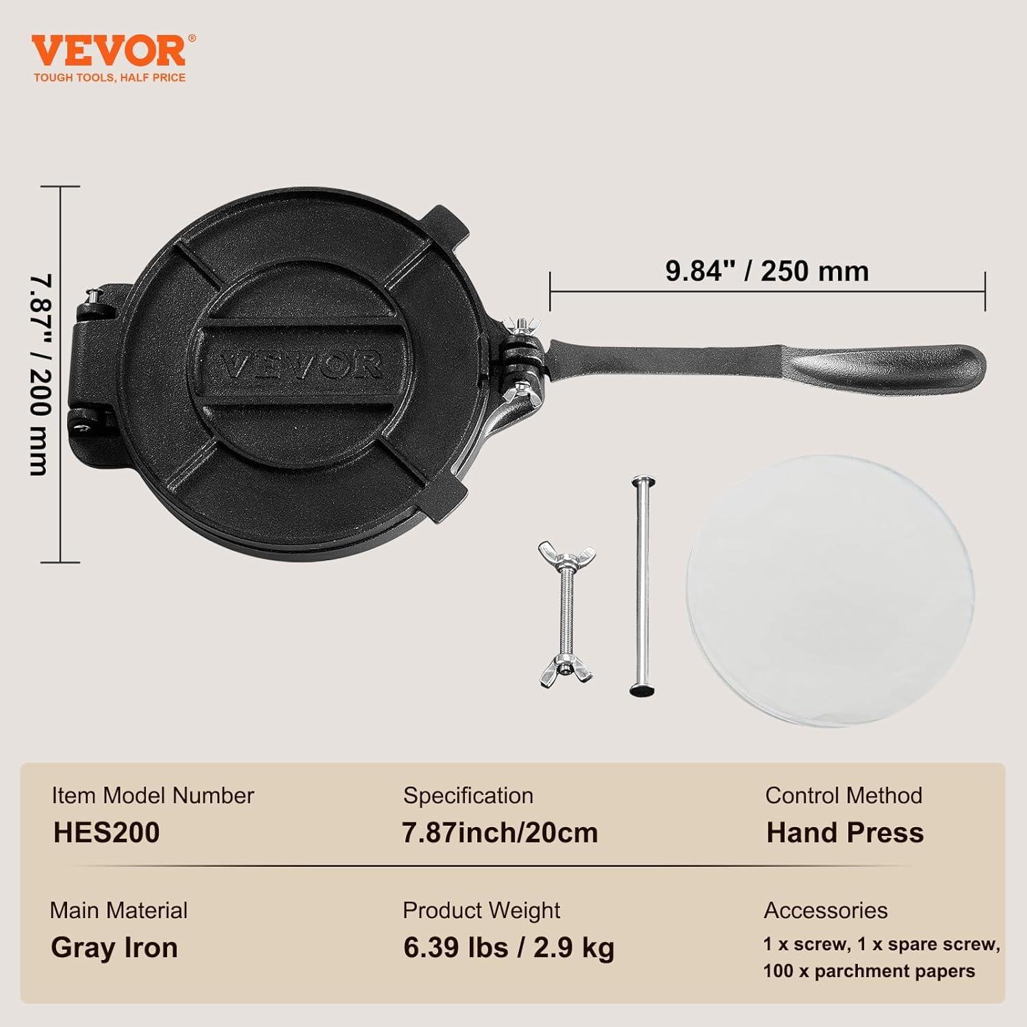 VEVOR 8 Inch Cast Iron Tortilla and Roti Press with Parchment Paper