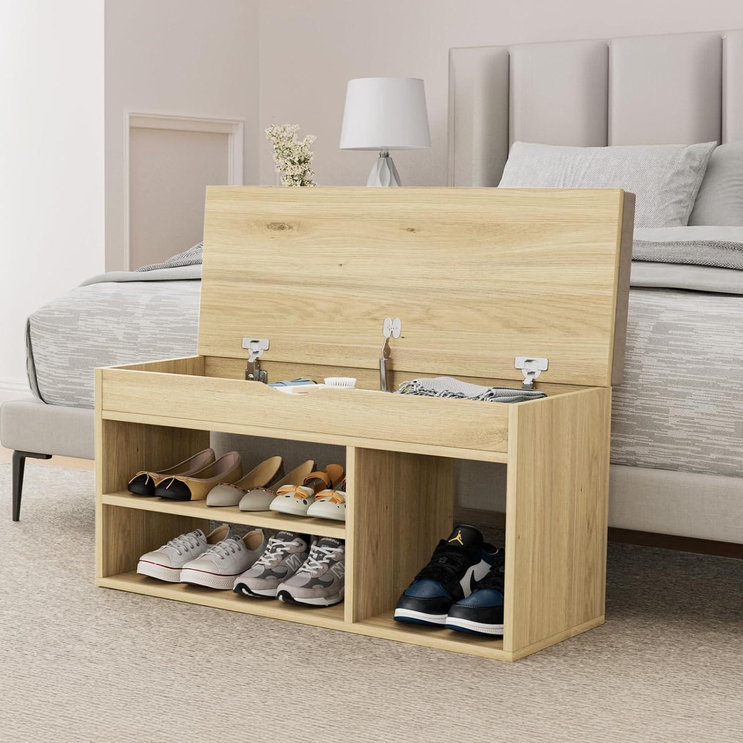 Apicizon 31 Inches Storage Bench, Shoe Bench with Flip Top Storage Space and Padded Cushion, Wooden Entryway Bench for Entryway, Living Room, 2-Tier Shoe Rack Organizer, Brown