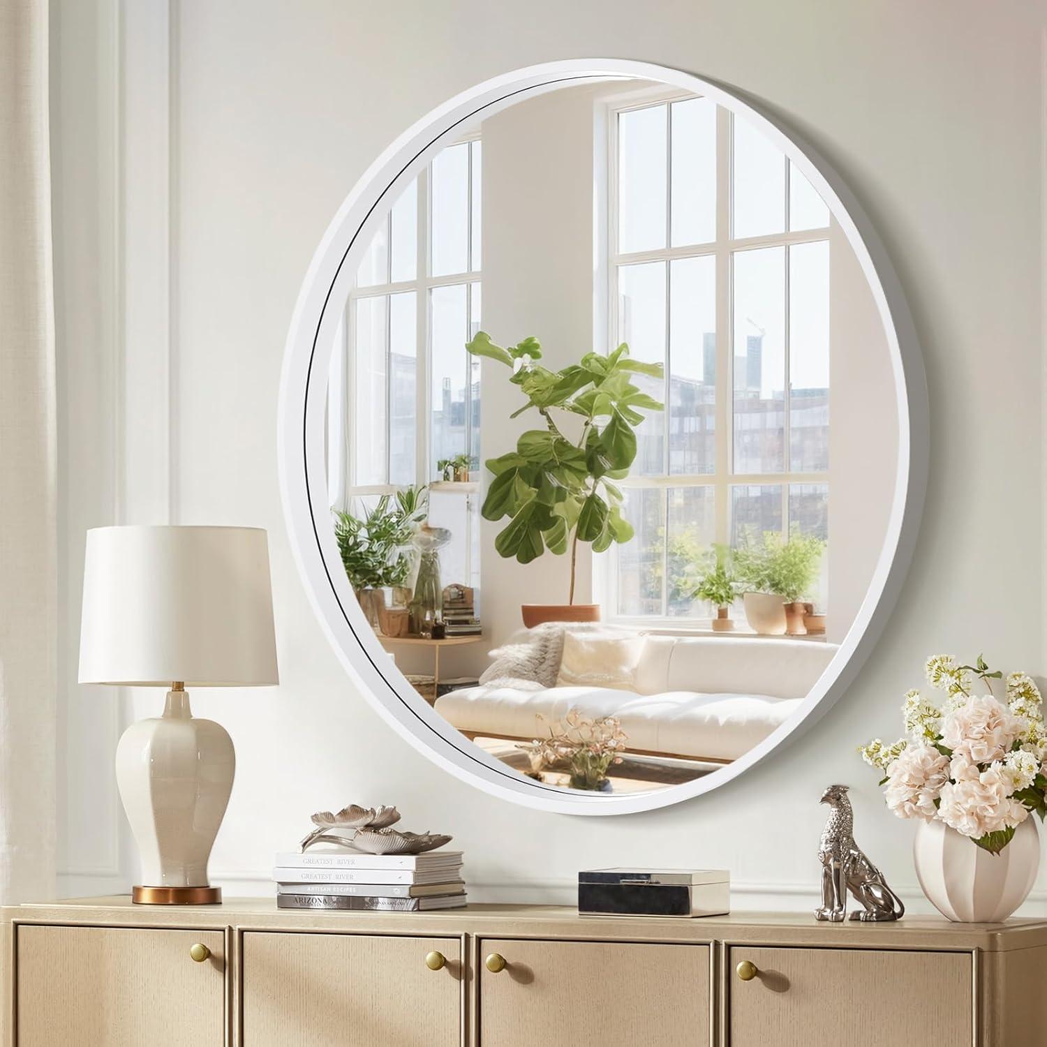 Walnut Round Pine Wood Mirror, 32" Diameter