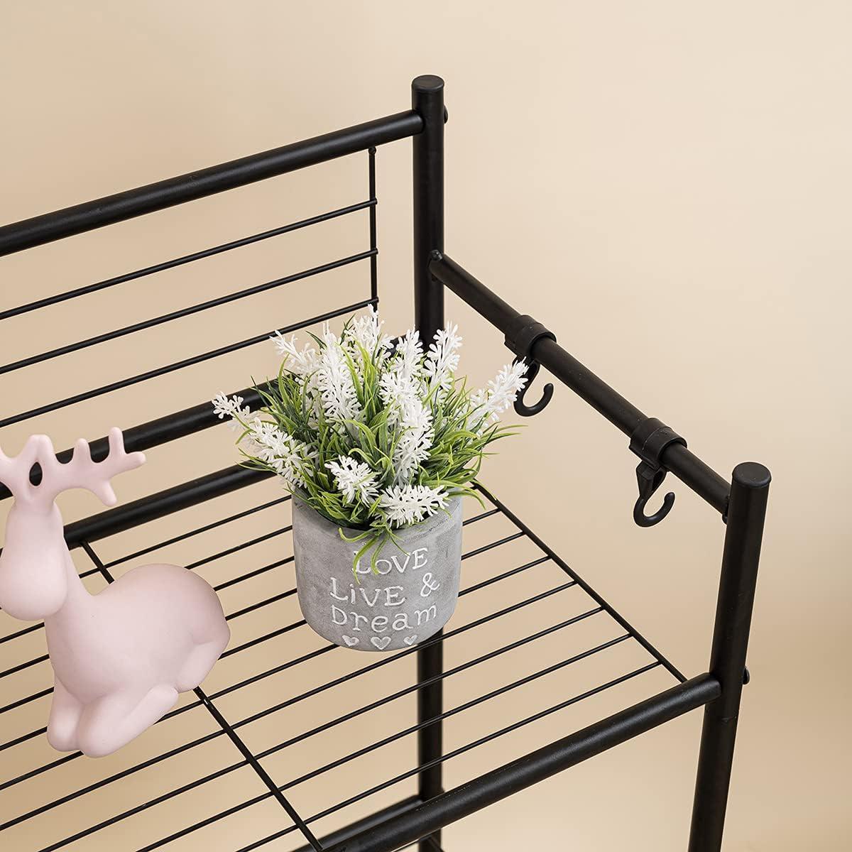 Black 3-Tier Metal Wire Shelving Unit with Hooks