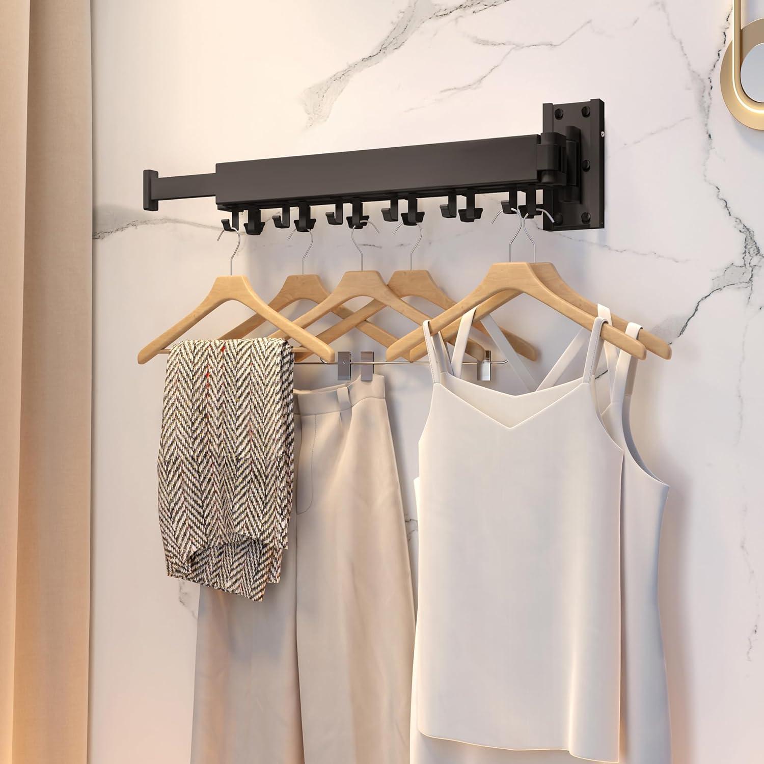 Retractable Wall Mounted Clothes Drying Rack: Folding Laundry Hanger with Collapsible Design and J Shape Hooks