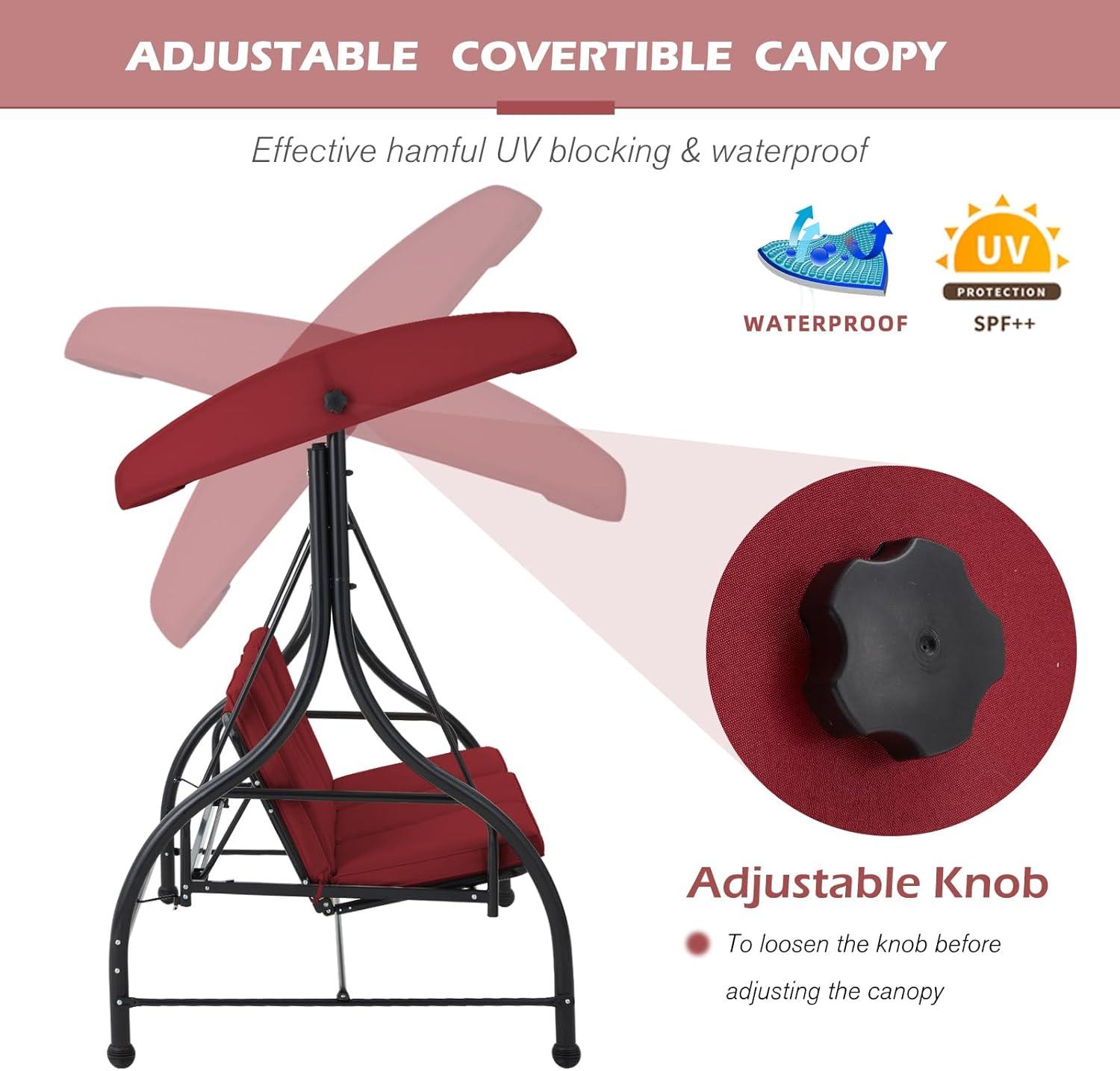 Burgundy 3-Seat Outdoor Swing with Adjustable Canopy and Cushions