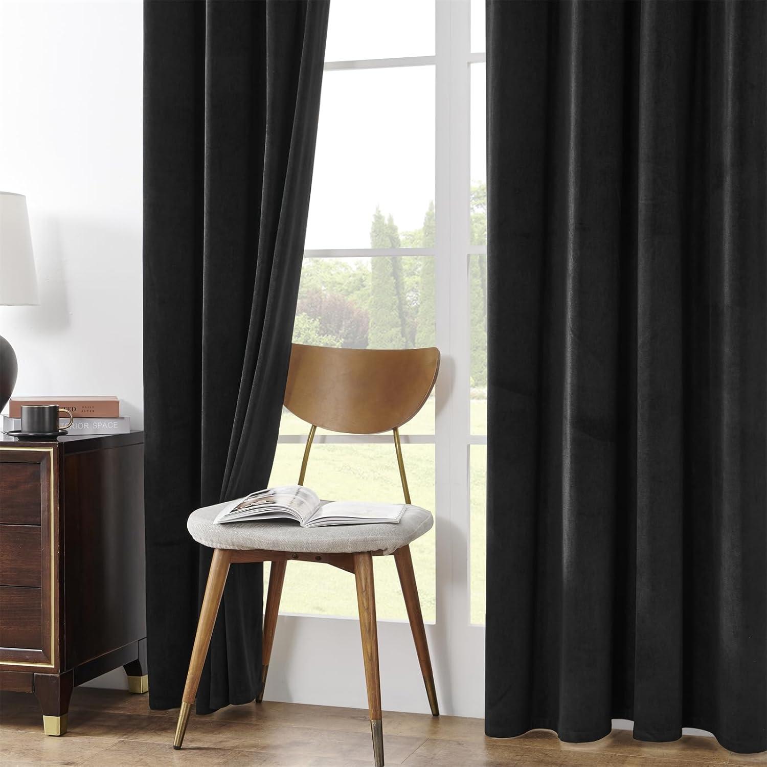 JIUZHEN Black Velvet Curtains for Living Room -96 inches Long Rod Pocket Thermal Insulated Room Darkening Window Drapes for Bedroom, Set of 2 Panels with Tiebacks, 52 x 96 inches