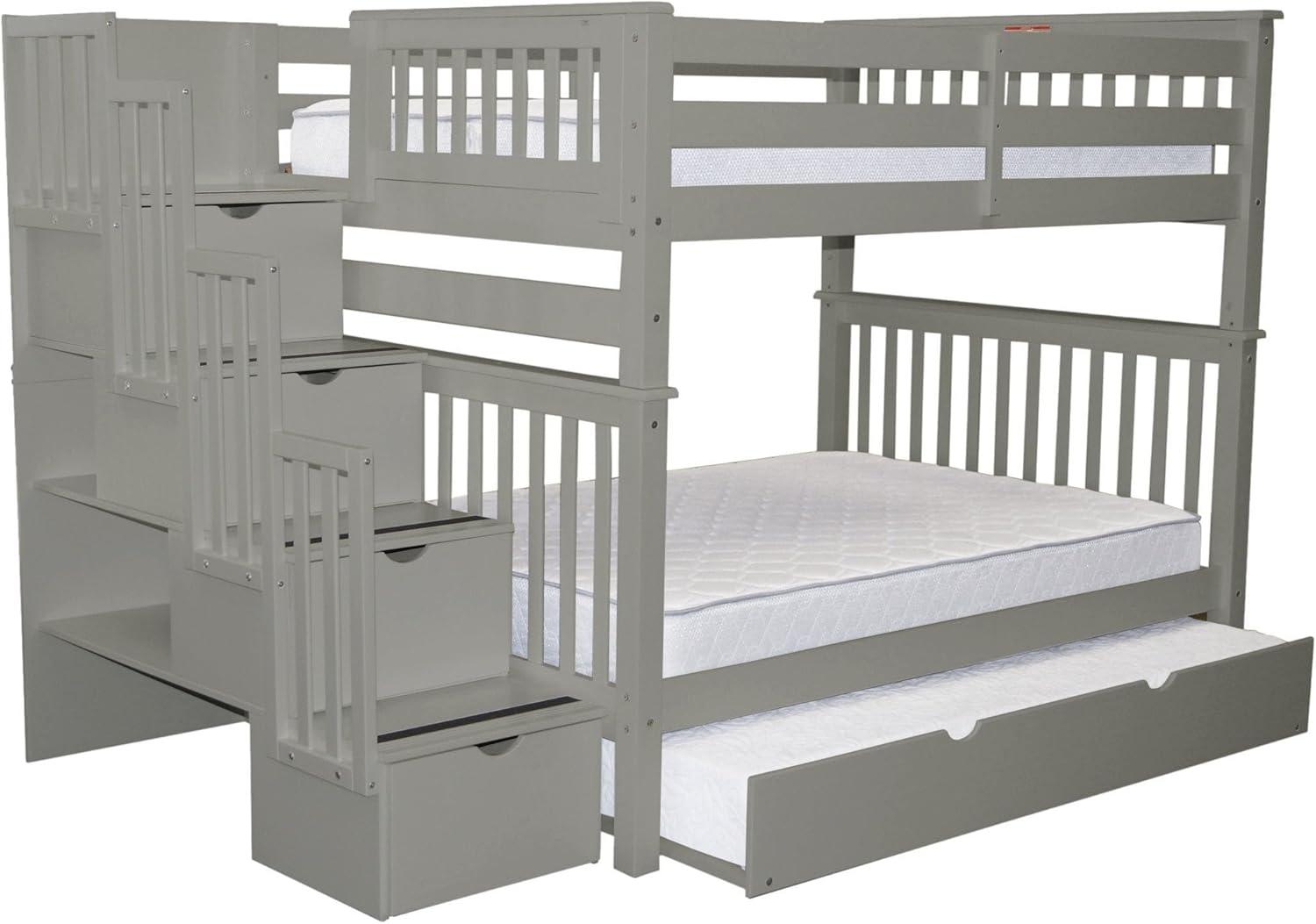 Bedz King Stairway Bunk Beds Full over Full with 4 Drawers in the Steps and a Full Trundle, Gray