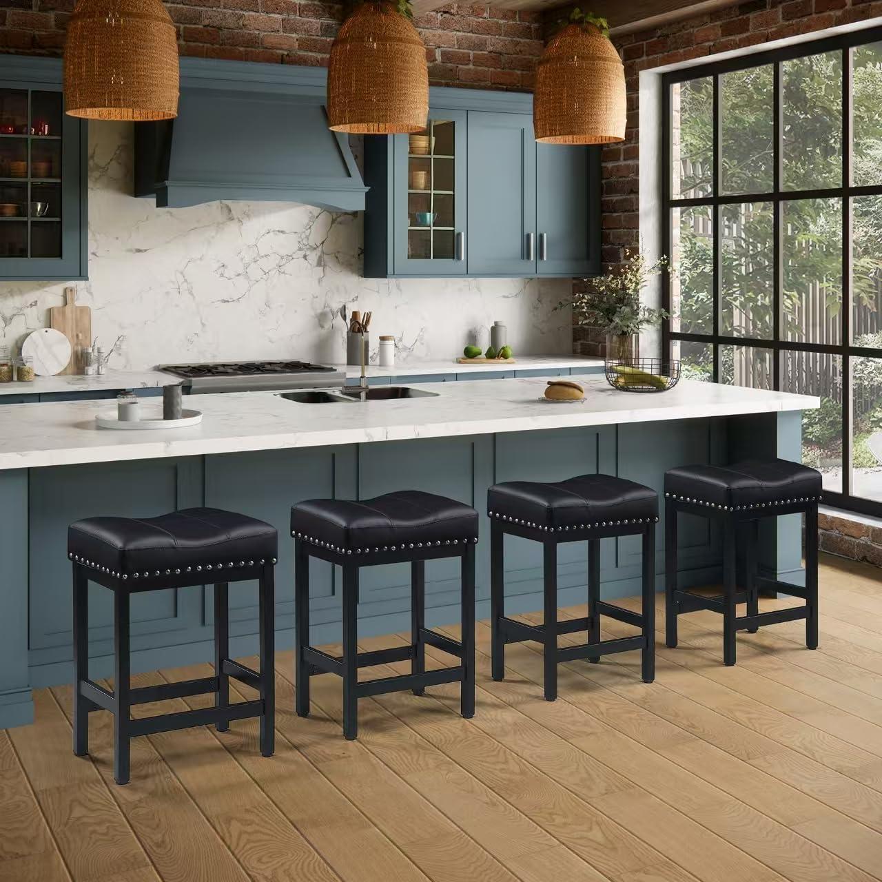 edx Bar Stools Set of 4, Modern Counter Height, 24 Inch Kitchen Barstools with Metal Base, PU Leather Saddle Seats for Kitchen Island, Black