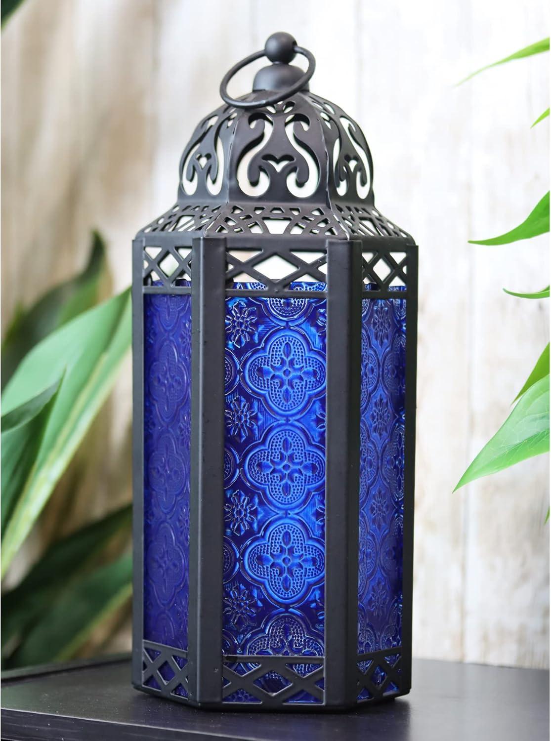 Vela Lanterns Decorative Moroccan Candle Lantern Holder for Decor, Cobalt Glass, Medium