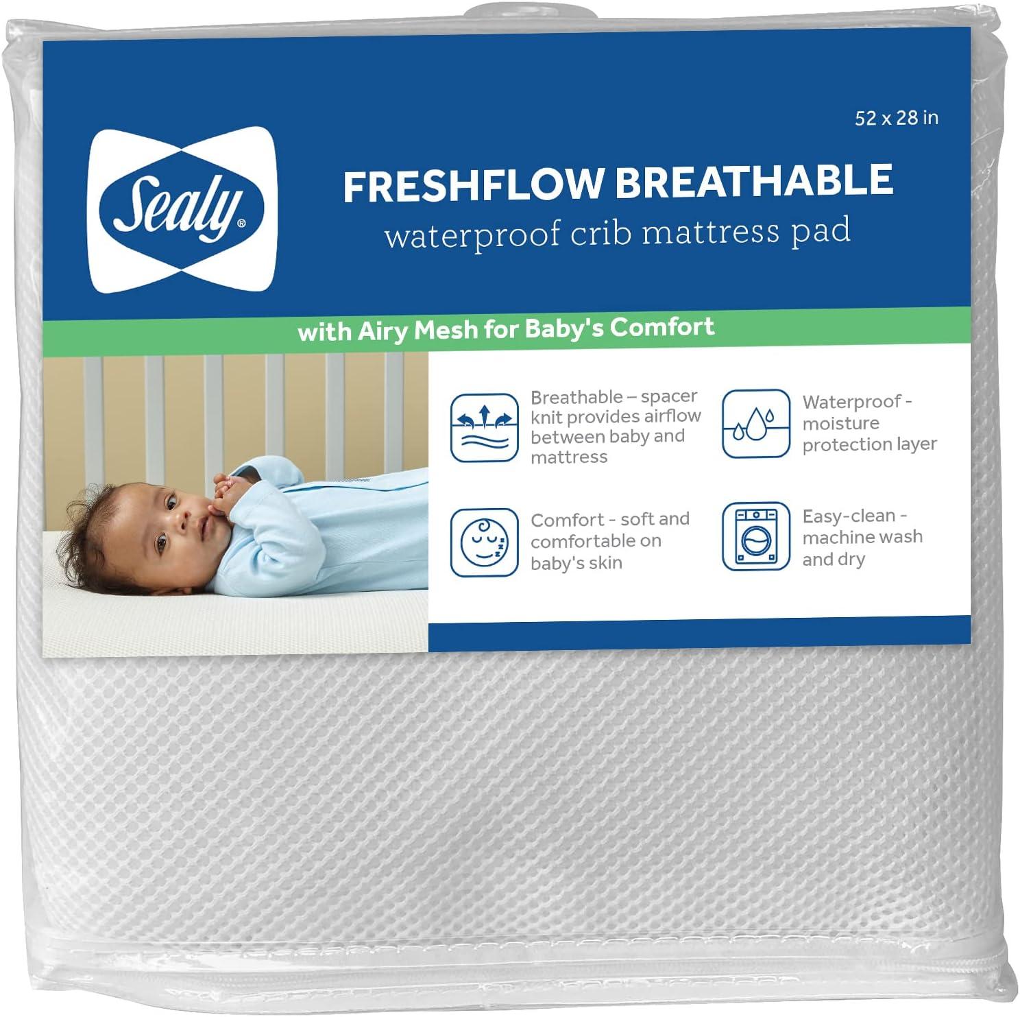Sealy Baby Sealy Baby FreshFlow Breathable Waterproof Fitted Baby Crib Mattress Protector Pad, Crib Mattress Pad Topper, 52" x 28" - White