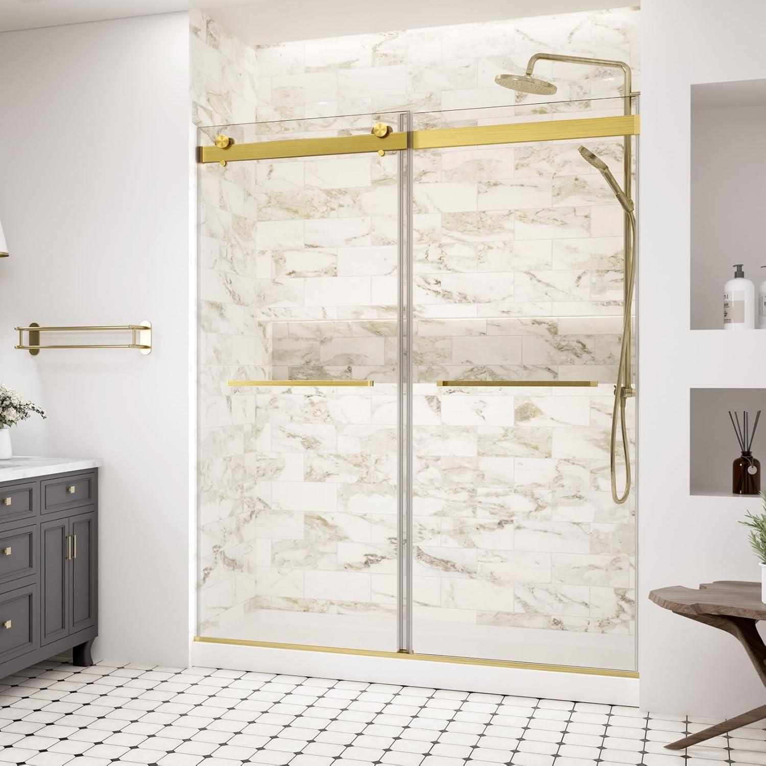 Frameless Shower Door, 56-60" W X 74" H Sliding Shower Door With 5/16" (8Mm) Clear Tempered Glass,Soft-Closing