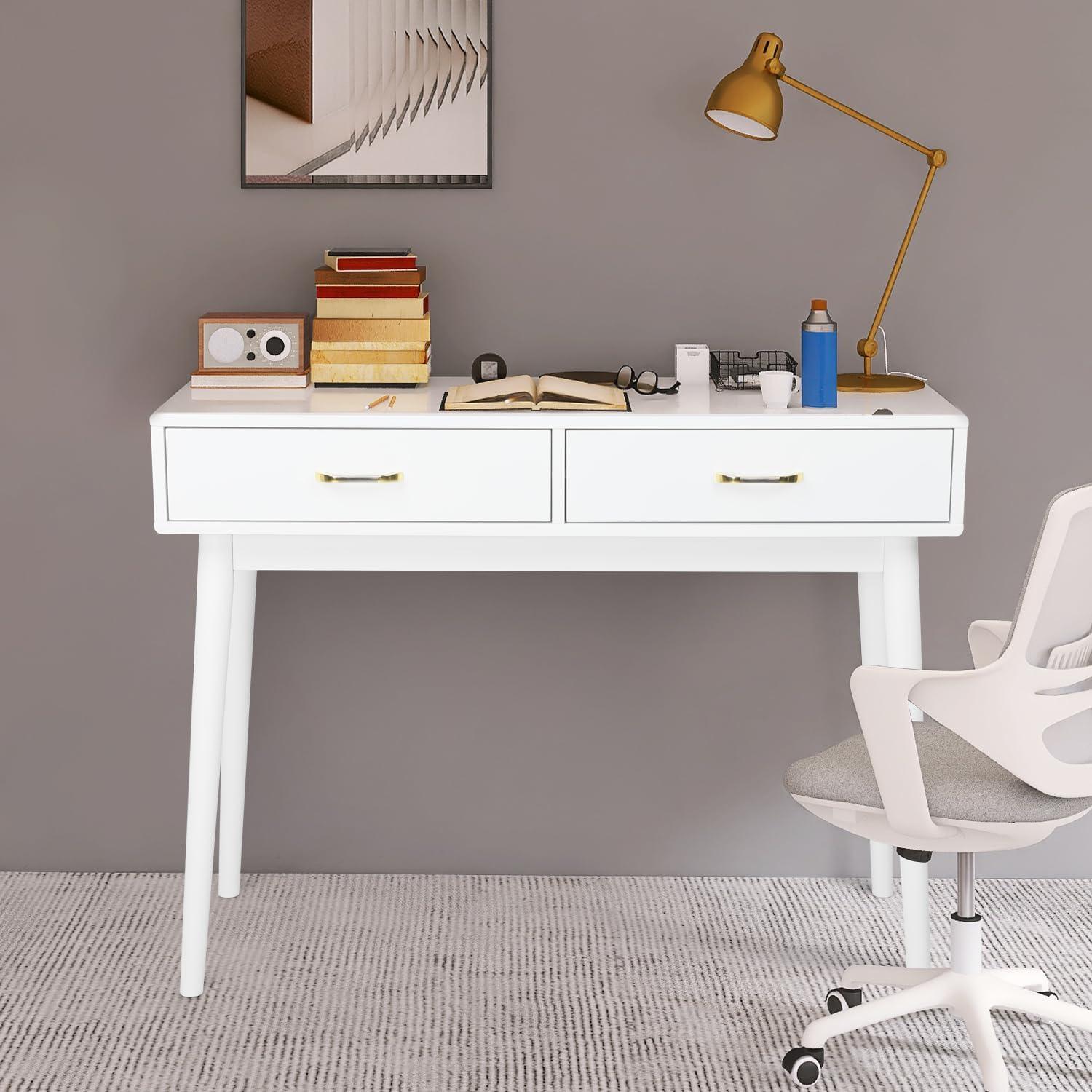 Small White Desk with 2 Drawers, Modern Writing Desk for Small Spaces, Home Office Desk for Study, Laptop Computer Desk for Work, Makeup Vanity Table for Bedroom (White)