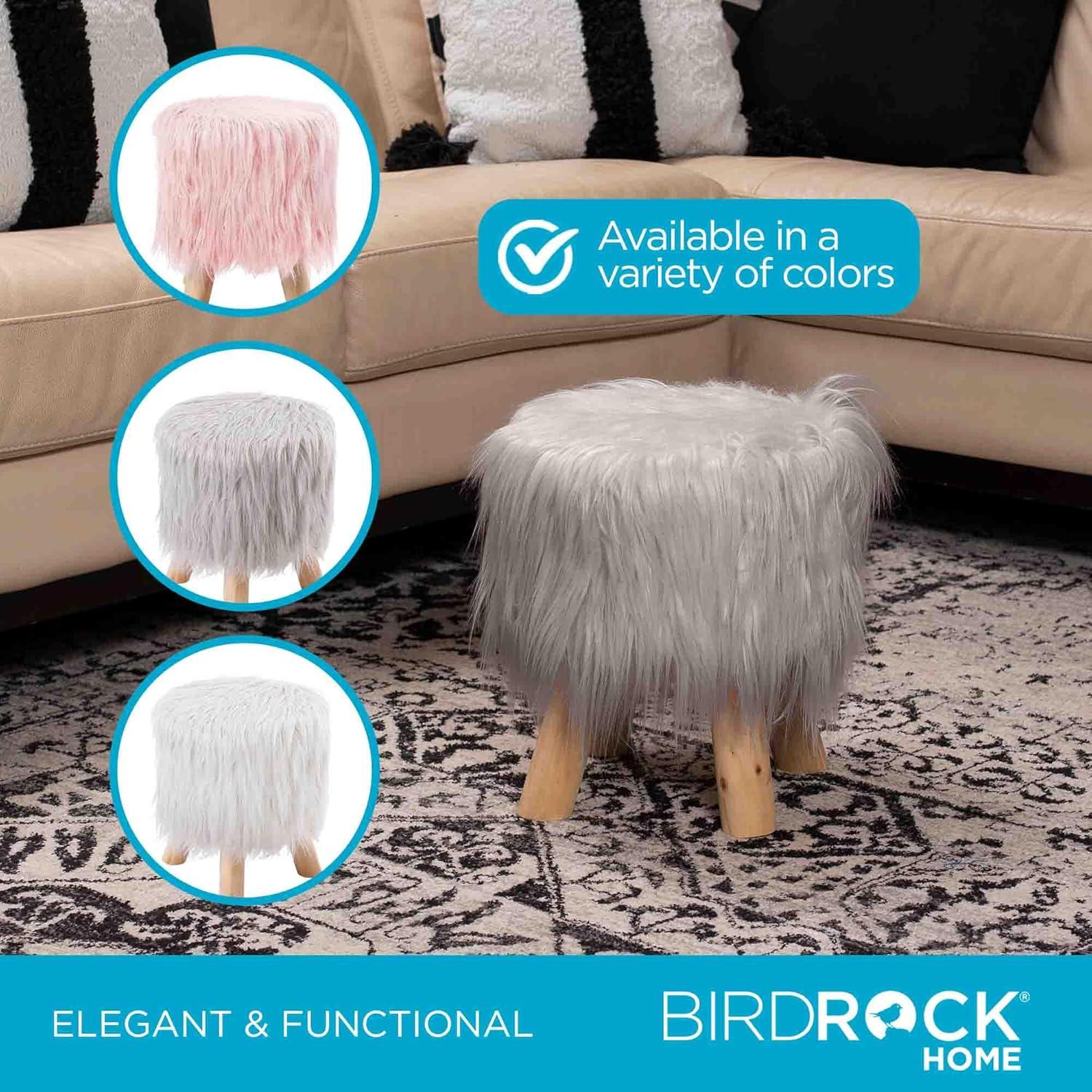 BirdRock Home Faux Fur Foot Stool Ottoman with Wood Legs - Silver