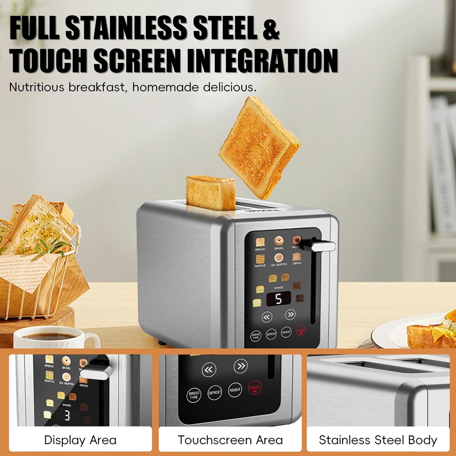 Stainless Steel Digital Touch Screen Toaster with Wide Slots