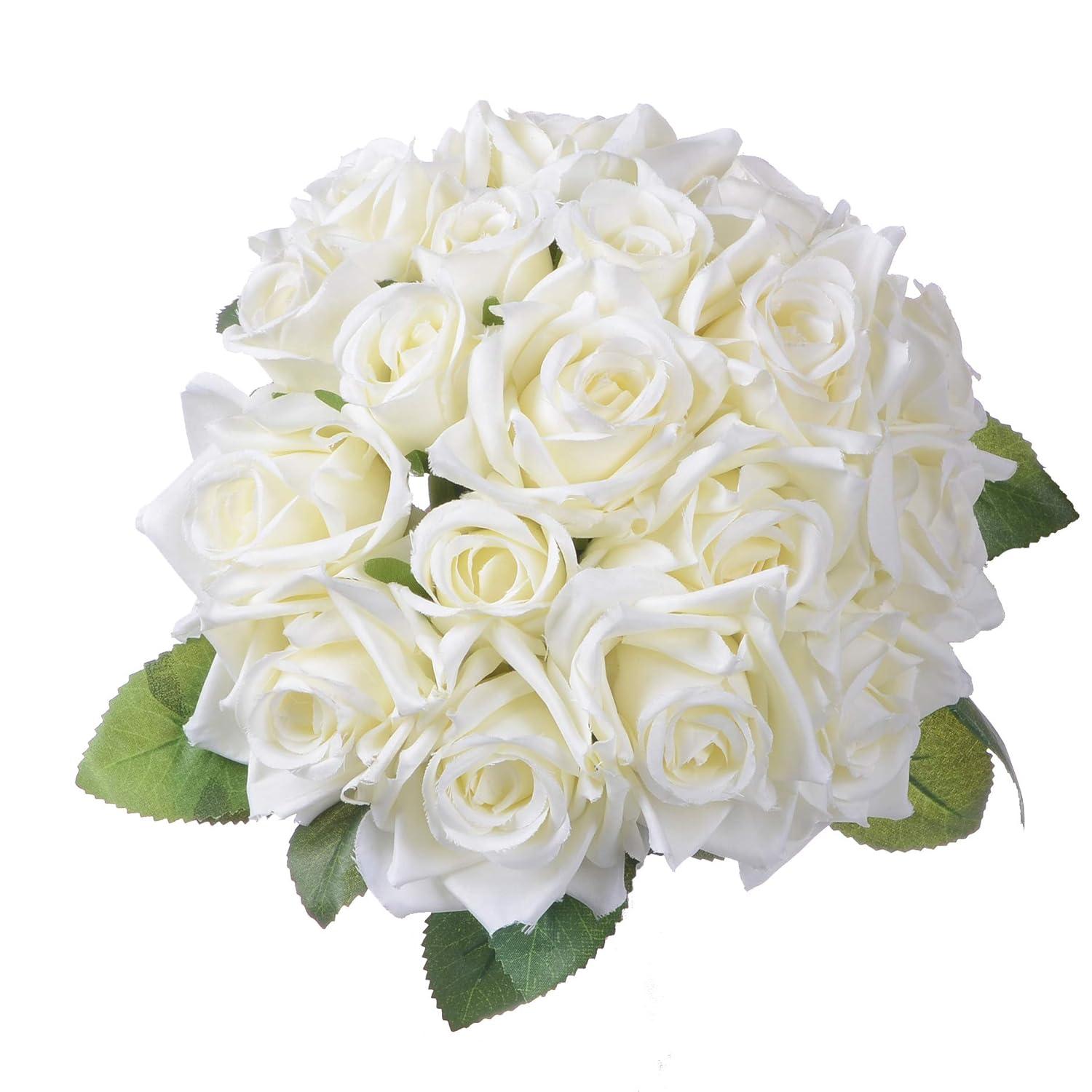 Artificial Flowers Rose Bouquet 2 Fake Flowers Silk Plastic Artificial White Roses 18 Heads Bridal Wedding Bouquet for Home Garden Party Wedding Decoration White