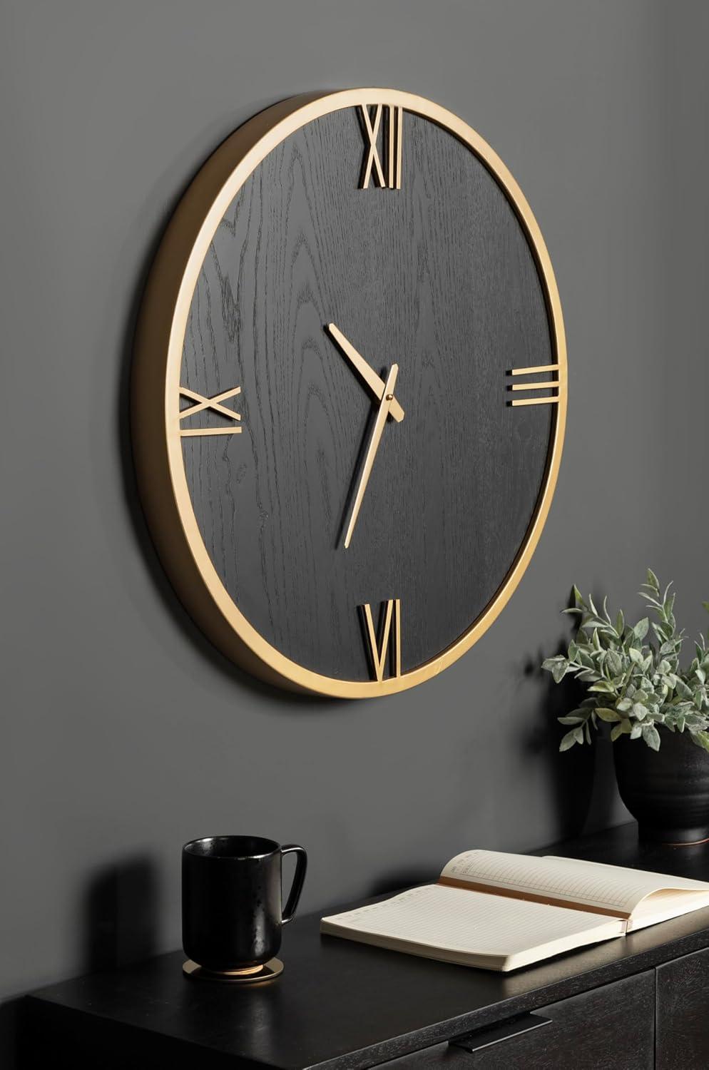 Kate and Laurel Pronte Modern Round Wood and Metal Wall Clock, 22 Inch Diameter, Black and Gold, Decorative Minimal Clock for Bedroom, Entryway, or Living Room Decor