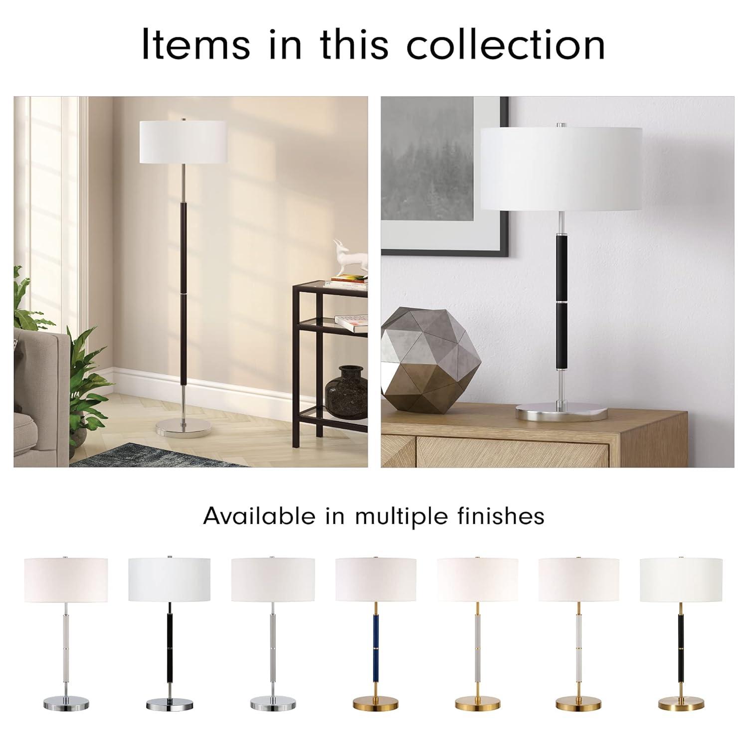 Evelyn&Zoe Simone 2-Light Floor Lamp with Fabric Shade, Rustic Oak/Polished Nickel/White