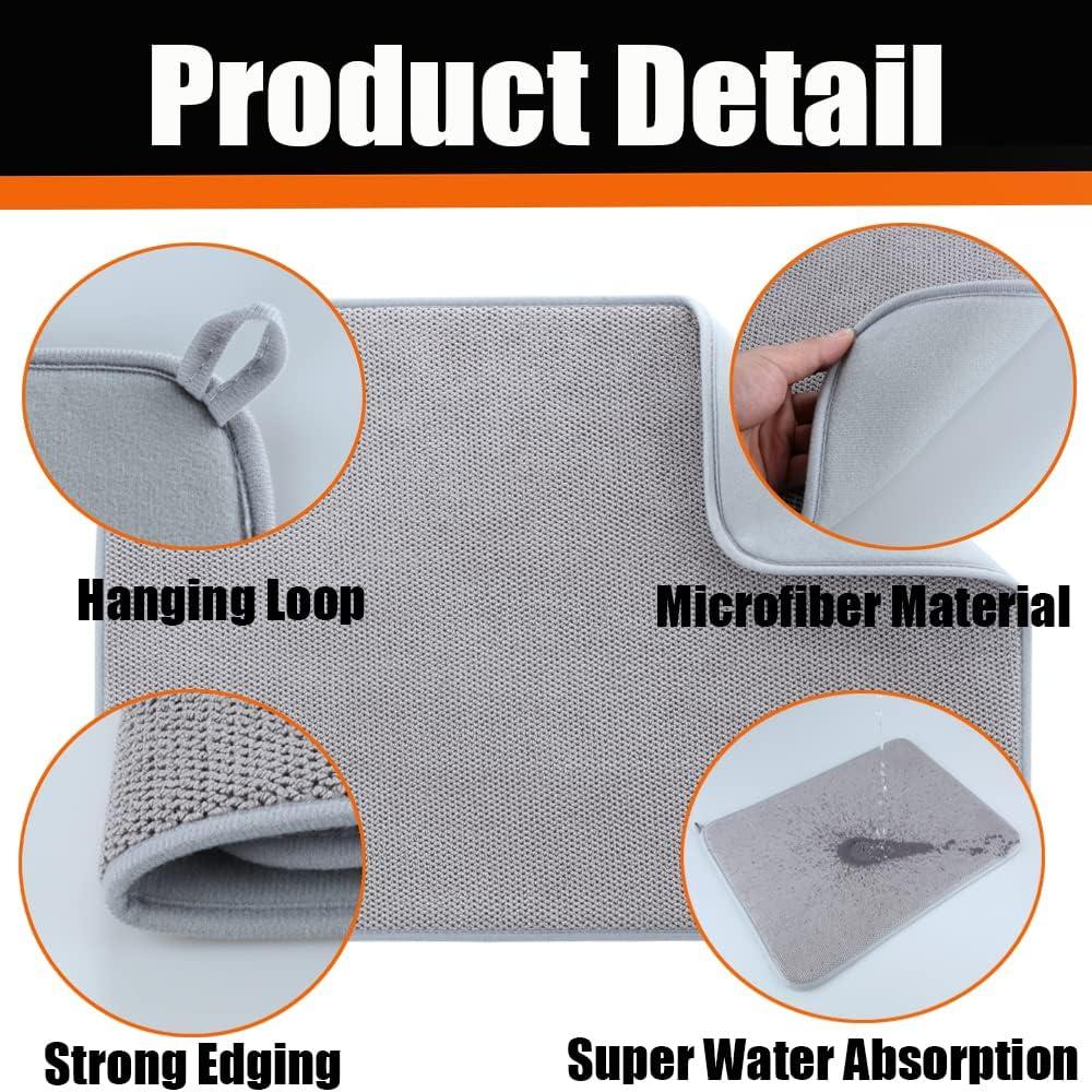 Set of 2 Large Microfiber Drying Mat,Thickened Dish Drying Mat for Kitchen Counter,Absorbent Pads Set,Quick-drying Placemats,for Tableware Dishes Cups (Gray)