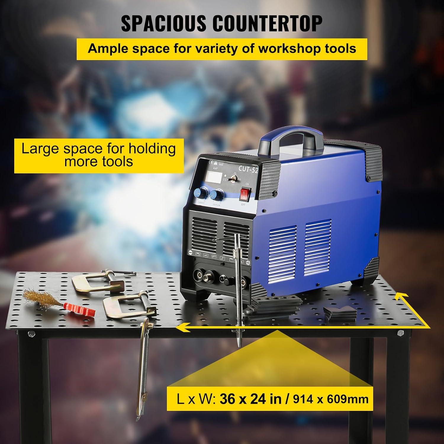 VEVOR Welding Table, 36" x 24" Adjustable Workbench, 0.12" Thick Industrial, 600lb Load Capacity, Heavy Duty Carbon Steel, Gray Steel With Accessories