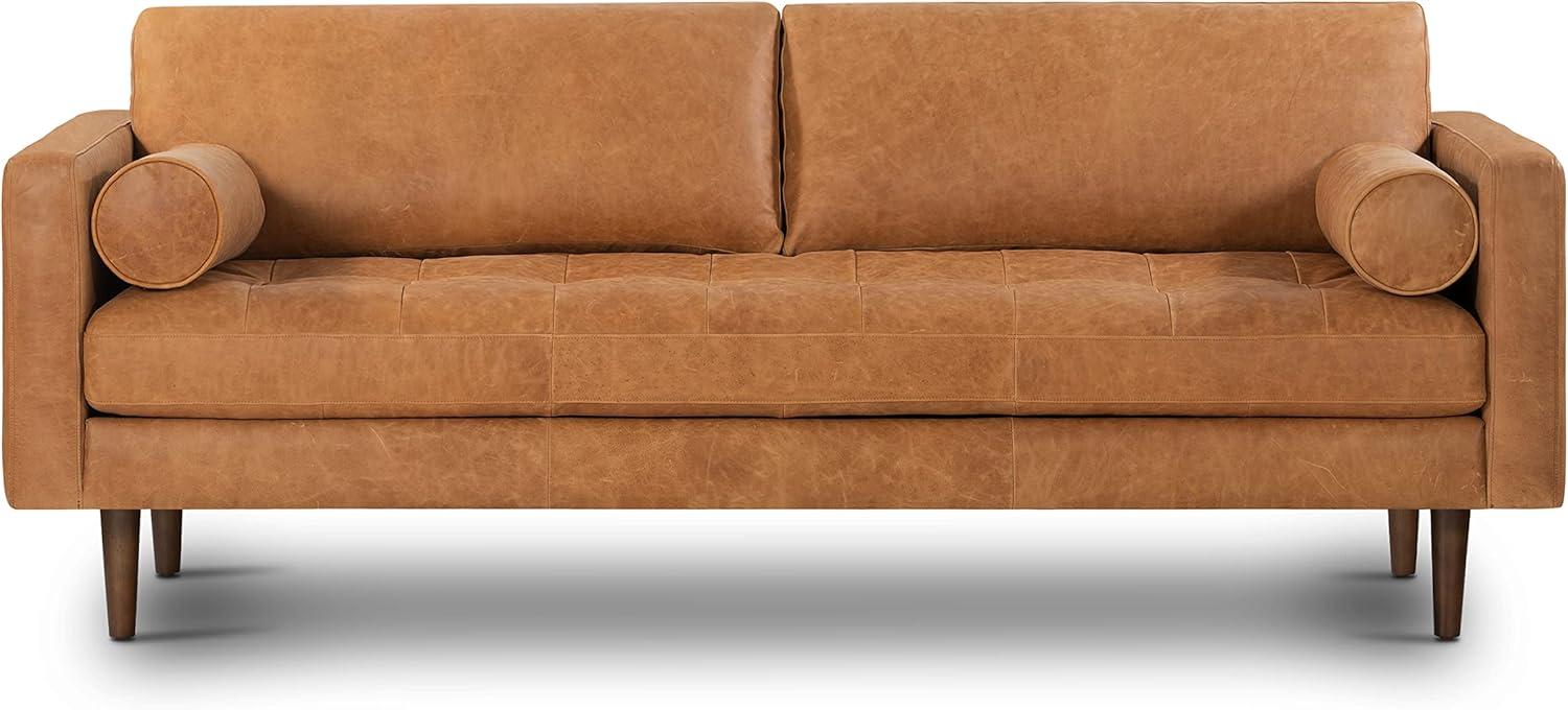 Cognac Tan Leather Tufted Sofa with Solid Wood Legs