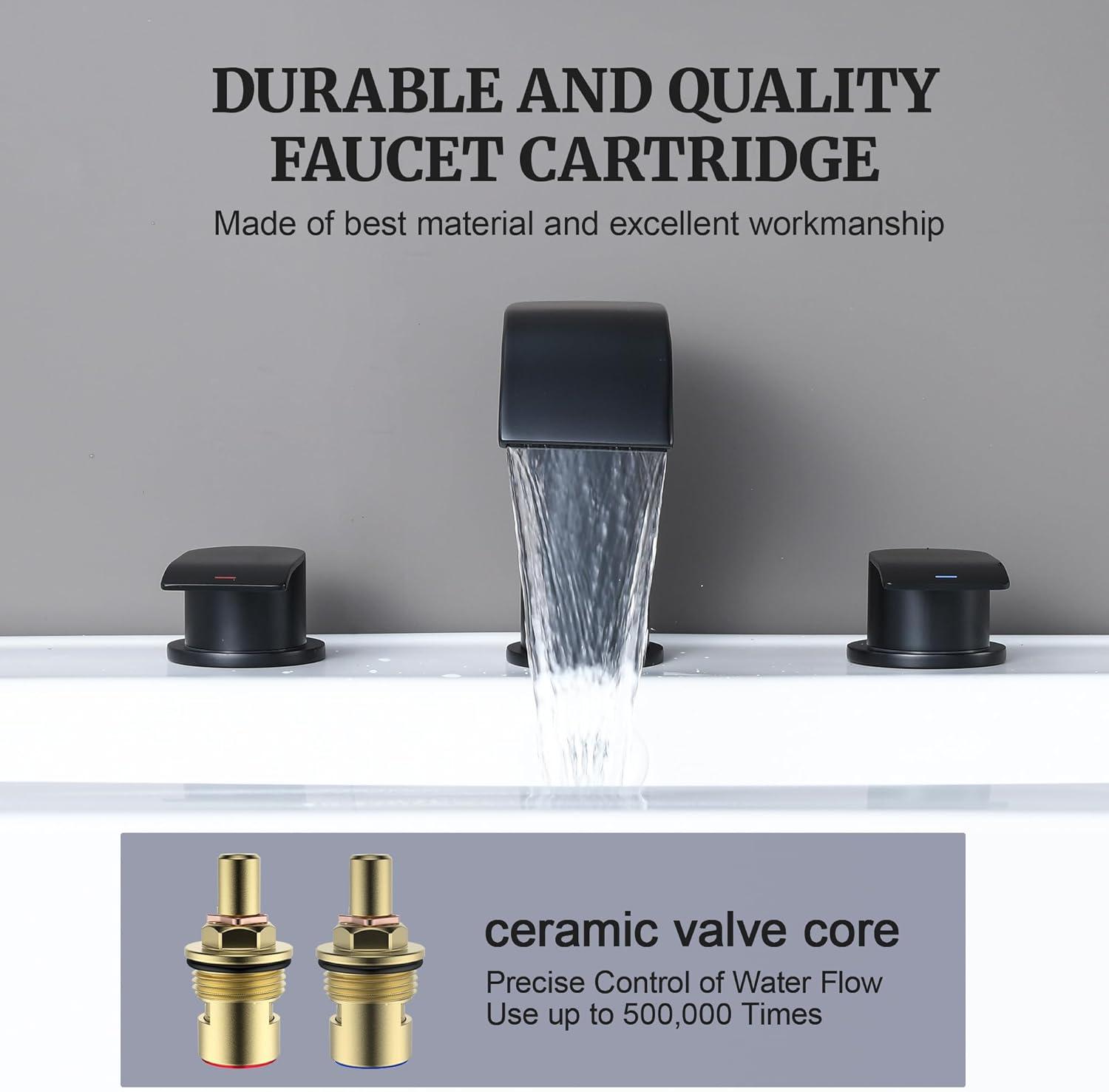 Waterfall Bathroom Sink Faucet Matte Black, Two Handles Bathroom Faucet with Metal Pop up Sink Drain Stopper, 2 or 3 Holes Bathroom Basin Lavatory Mixer Tap with Deck Mount Plate