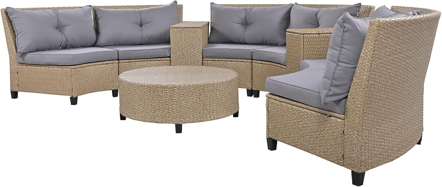 6-Person Gray Rattan Outdoor Sofa Set with Cushions and Table