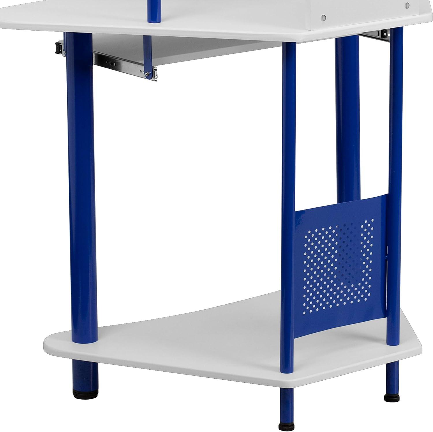 Compact Blue and White Corner Computer Desk with Integrated Hutch