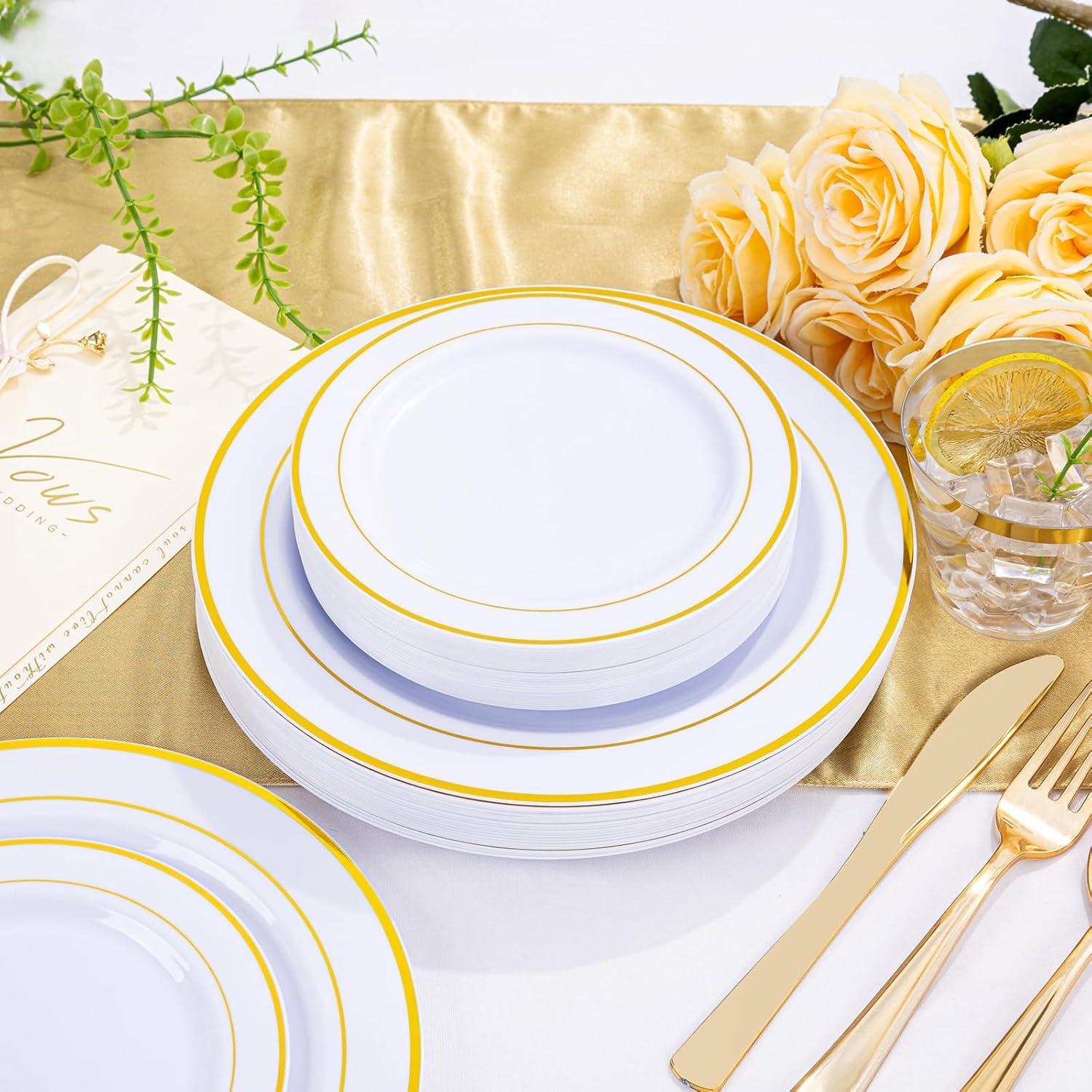 Gold Disposable Dinnerware Set for 100 Guests - 600PC BPA-Free Plastic Plates & Cutlery Kit with 100 Dinner Plates, Salad Plates, Forks, Knives, Spoons & Cups for Wedding, Party, Catering (Heavy-Duty)