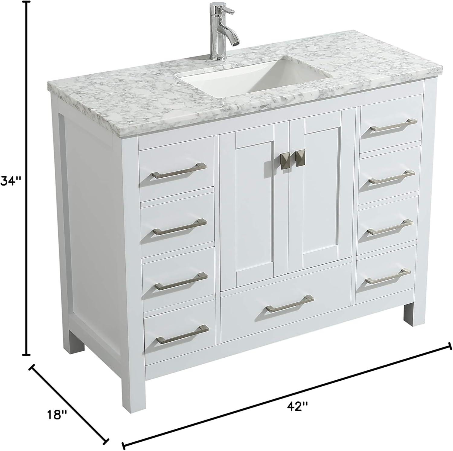 Eviva London 42"W x 18"D White Bathroom Vanity with White Carrara Quartz Countertop and Undermount Porcelain Sink