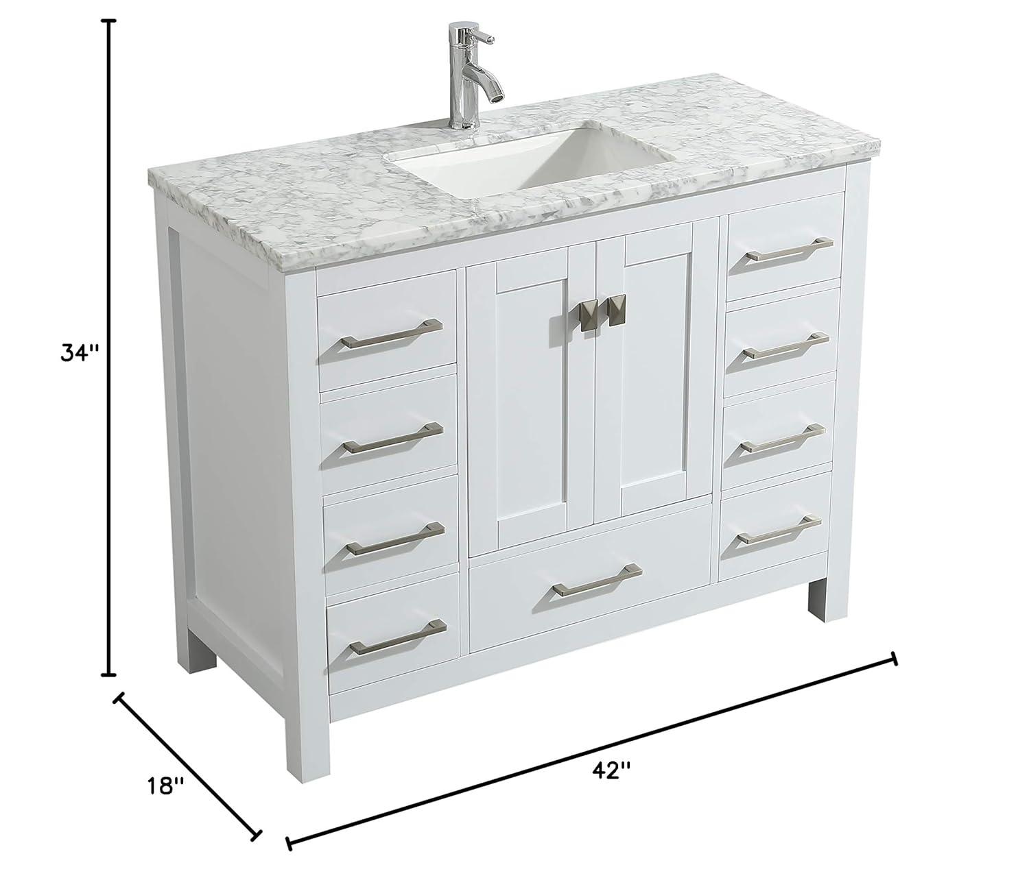 Eviva London 42"W x 18"D White Bathroom Vanity with White Carrara Quartz Countertop and Undermount Porcelain Sink
