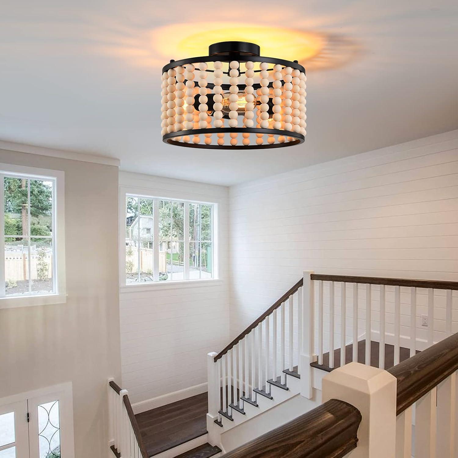 Farmhouse Boho Light Fixture, 3-Light Wood Beaded Chandelier, Black Semi Flush Mount Ceiling Light for Dining Room, Kitchen, Hallway, Bedroom, Living Room