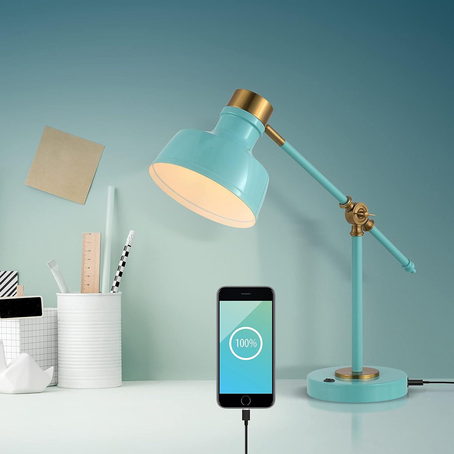 Cyan and Brass Adjustable Edison LED Task Lamp with USB