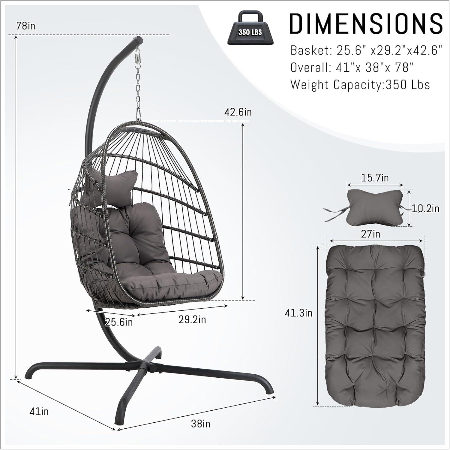 RADIATA Outdoor Foldable Hanging Egg Chair with Stand, PE Wicker Swing Chair with Cushion and Headrest, 350 lbs Capacity, Beige