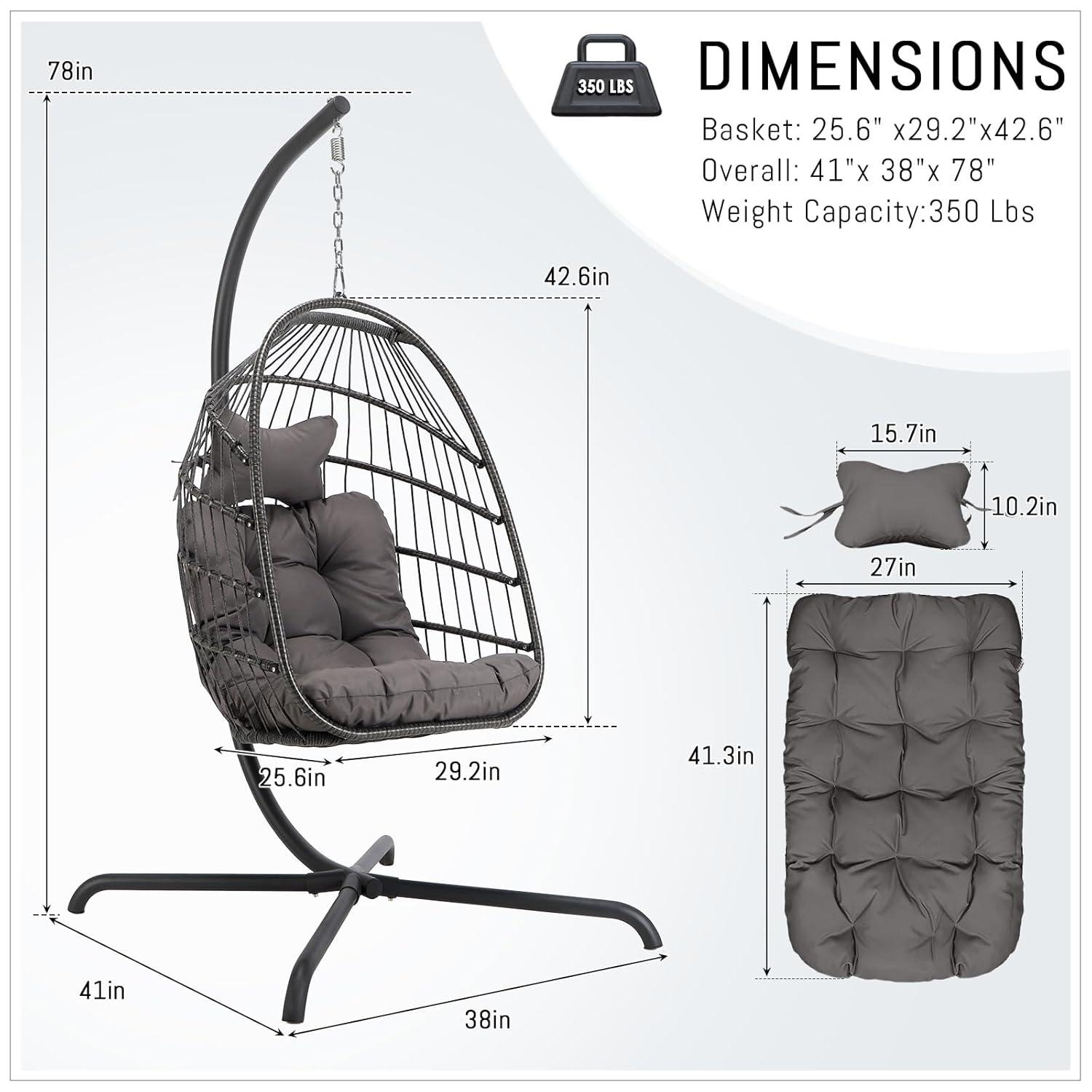 RADIATA Outdoor Foldable Hanging Egg Chair with Stand, PE Wicker Swing Chair with Cushion and Headrest, 350 lbs Capacity, Beige