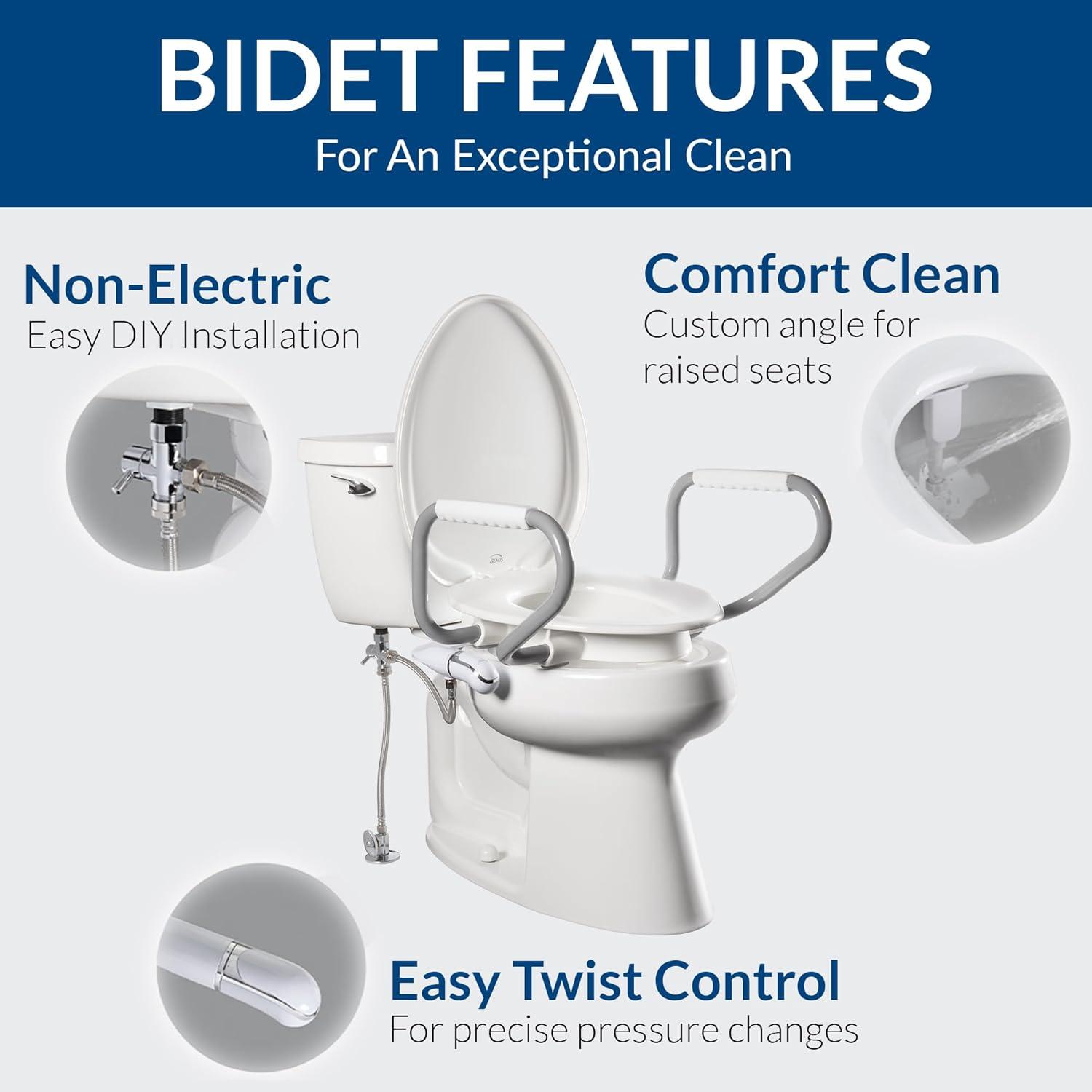 Bemis Assurance 3" Raised Toilet Seat with Handles and Bidet Attachment, Secure Hinges, Elongated, White 7YE85320H20 ARM