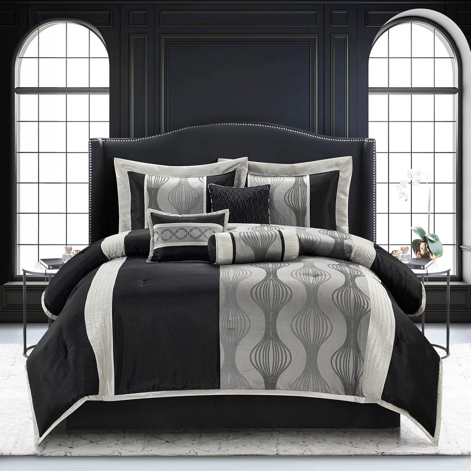 Lanco Black and Silver Comforter Set Queen Size, 7 Pieces Bedding & Collection, Jacquard All Season Comforter & Pillows, Ultra-Soft Microfiber