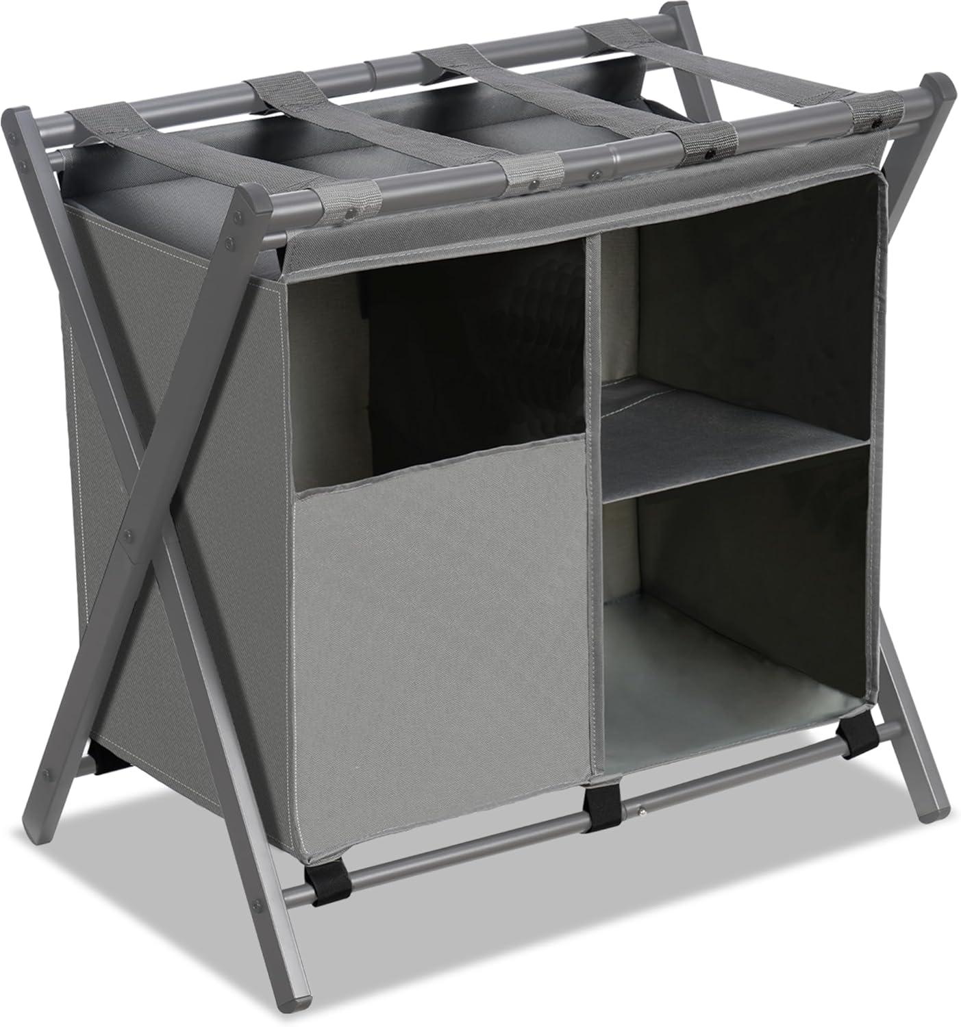 Gray Steel Folding Luggage Rack with Laundry Bag