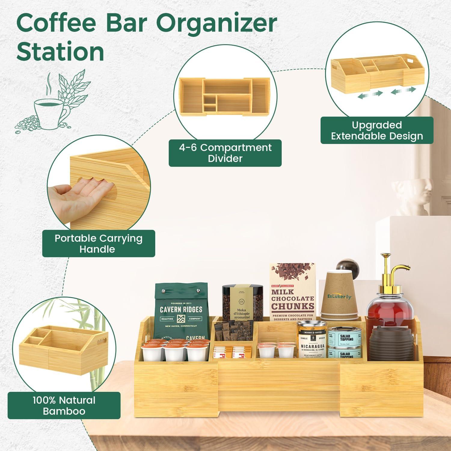 Coffee Station Organizer Countertop, Bamboo Extendable Coffee Bar Condiment Accessories Storage, Space-Saving Coffee Tea Supply For Home Office, Kitchen Coffee Area Nook For Coffee Lovers