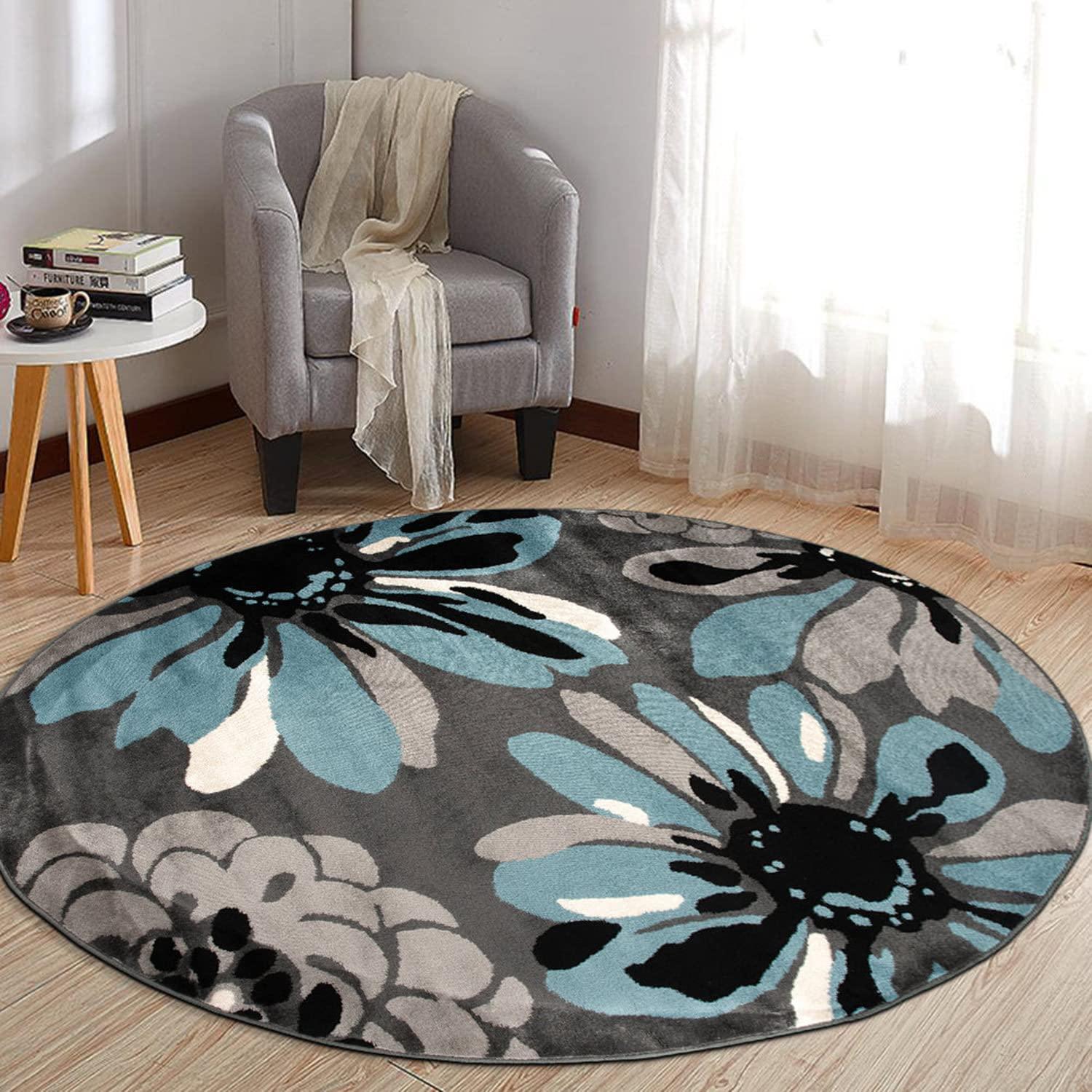 World Rug Gallery Contemporary Modern Flowers Indoor Area Rug - Blue 6'6" Round