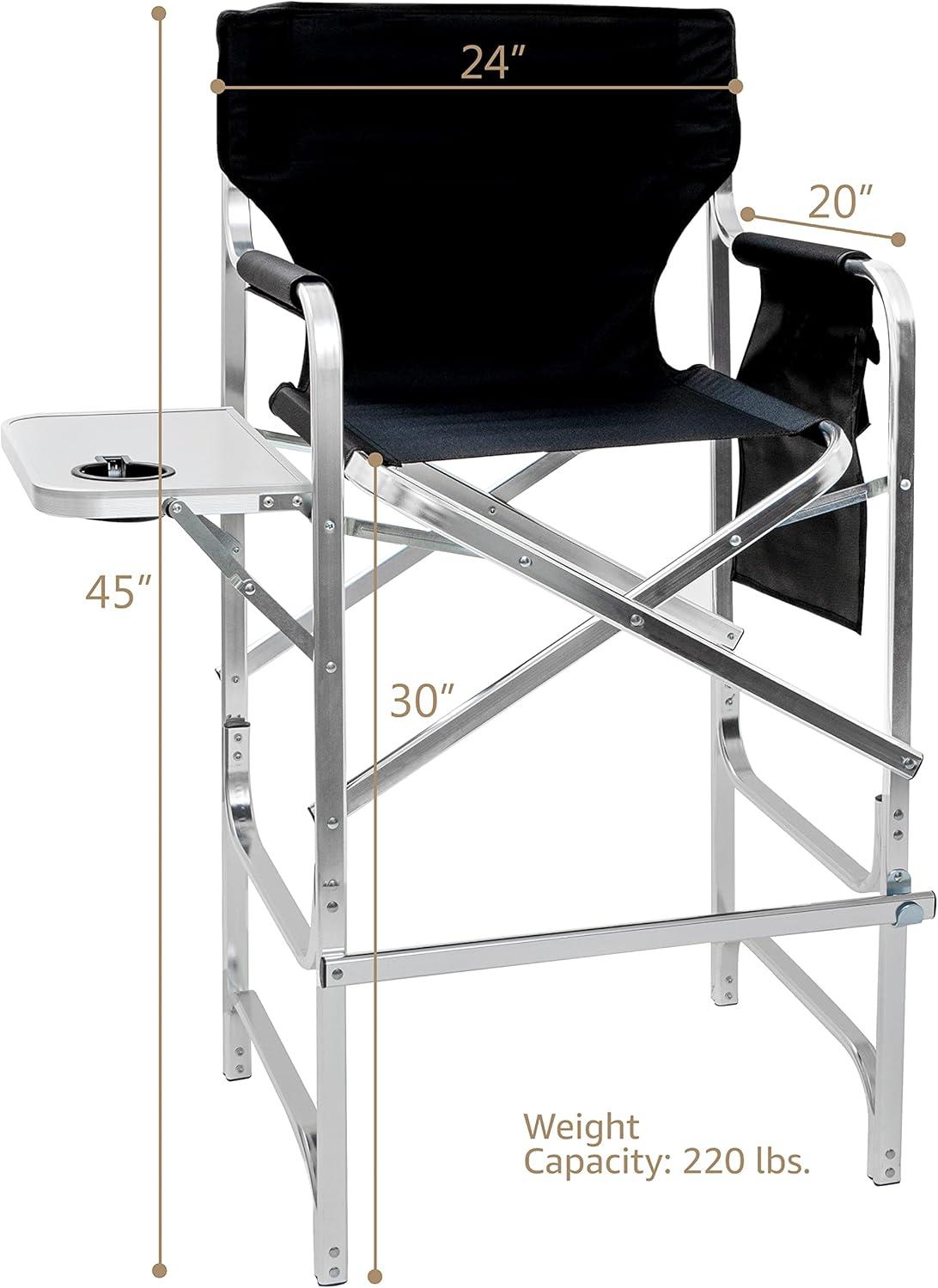 Tall Black Aluminum Foldable Director's Chair with Side Table