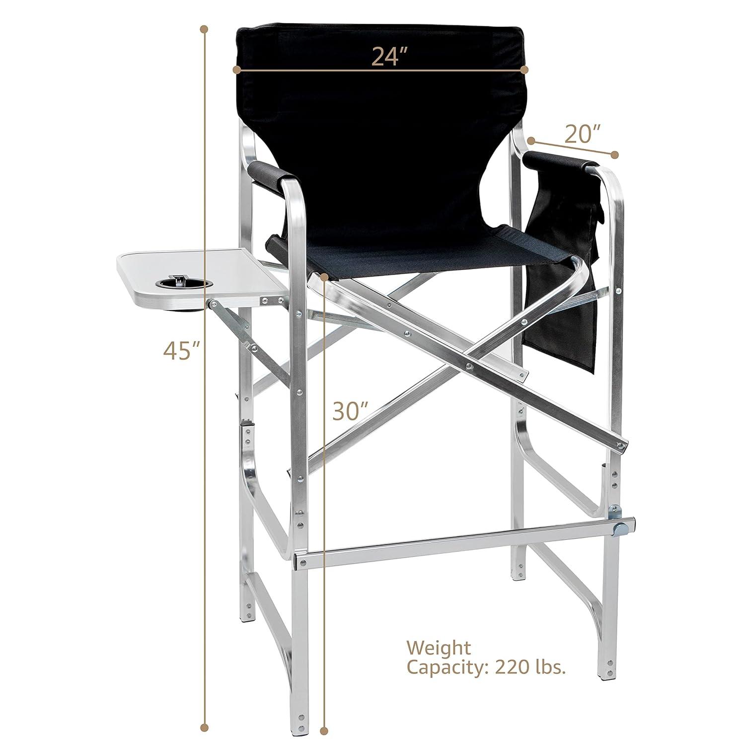 Tall Black Aluminum Foldable Director's Chair with Side Table