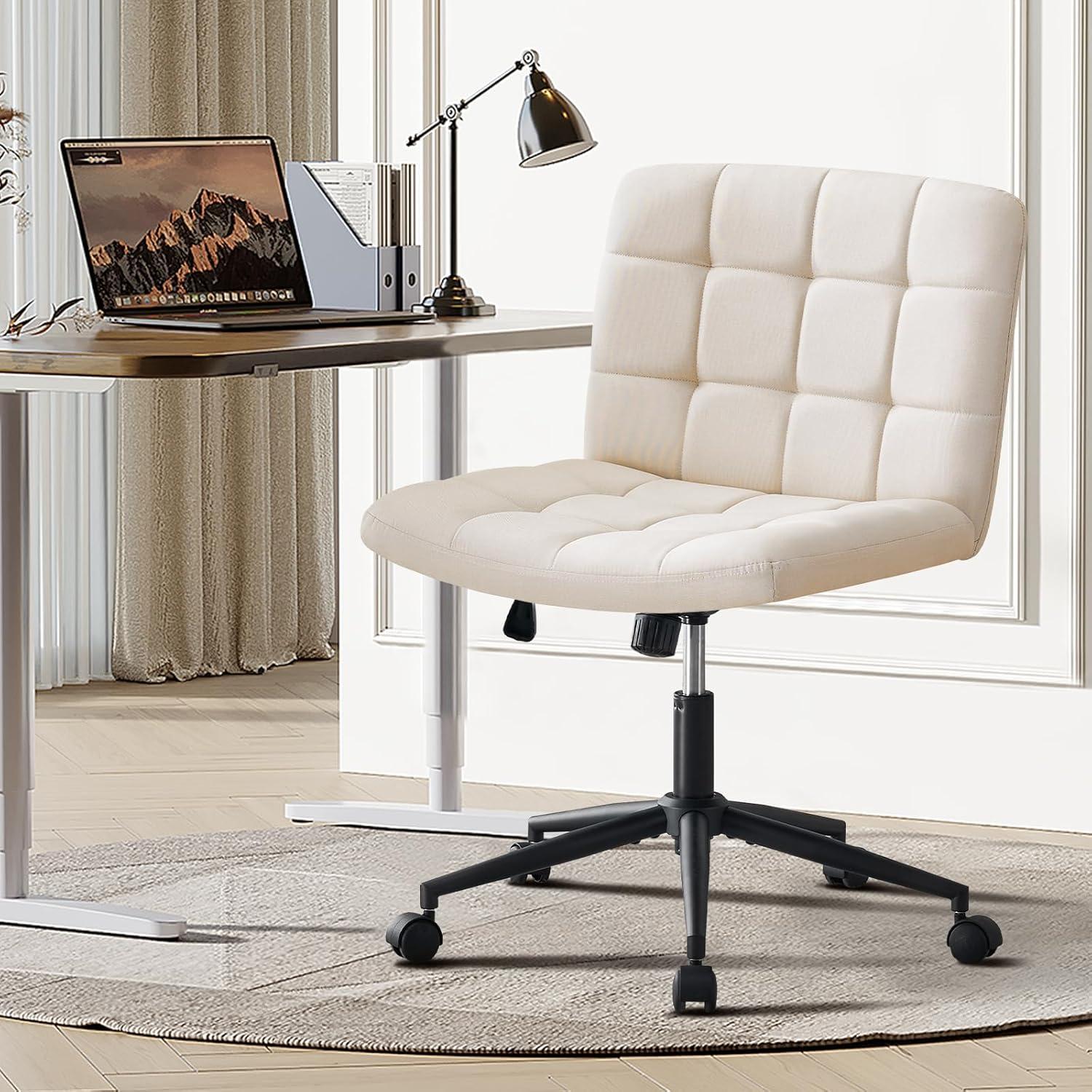 Modern Armless Home Office Chair Wide Desk Chair with Wheels Adjustable Swivel Task Chair Comfortable Vanity Chair for Home Office, Bedroom. Linen-Beige