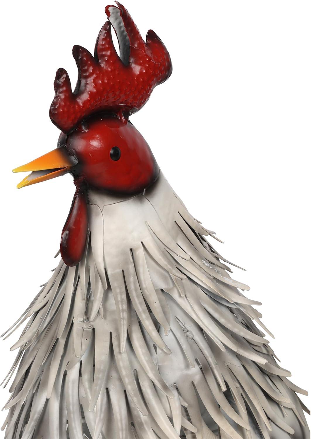 Lifelike White and Red Metal Rooster Garden Statue