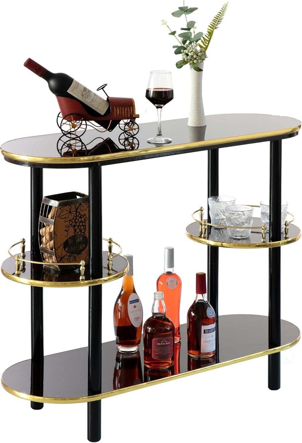 Sleek Brown Wooden Console Bar with Tiered Shelving and Wine Storage