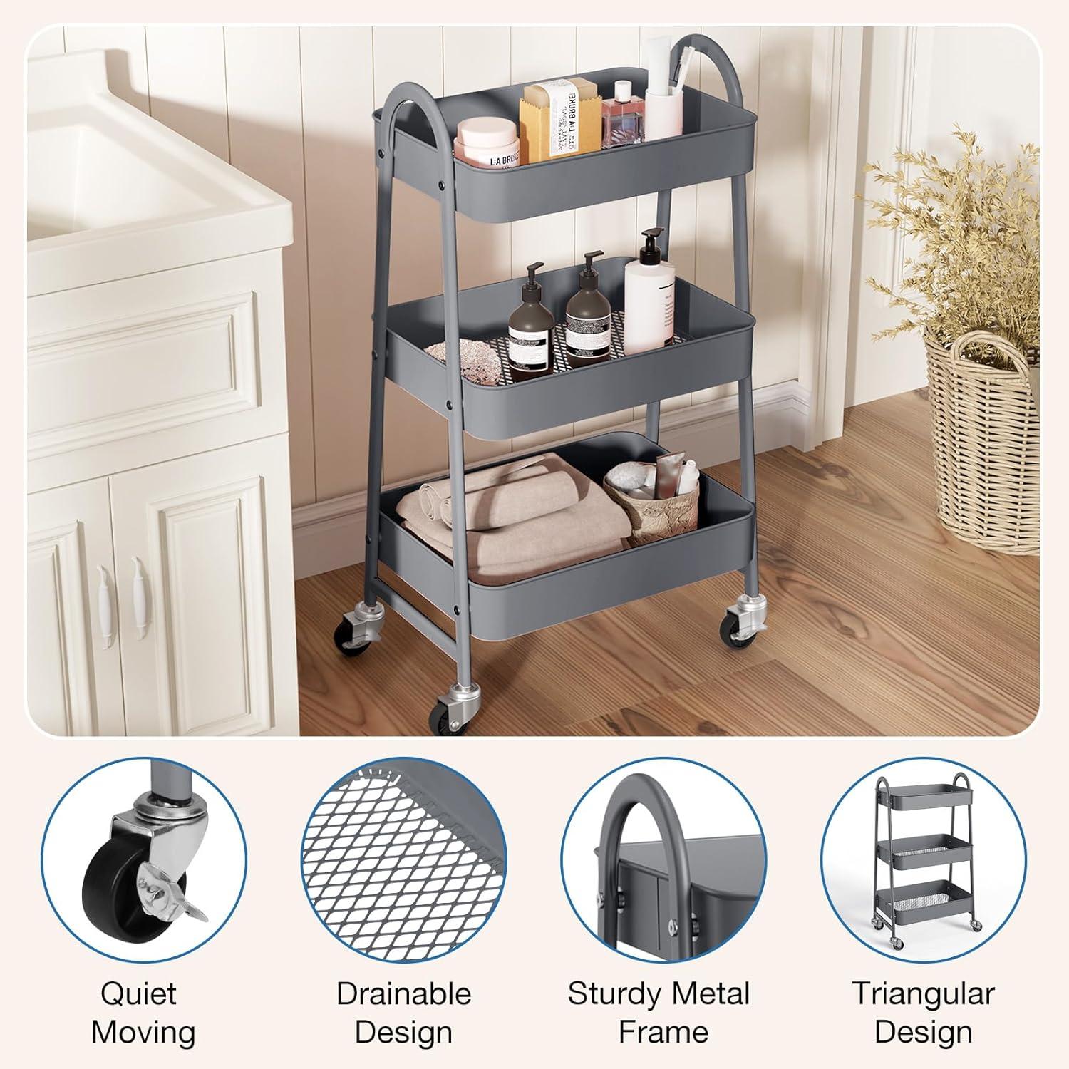 Green Metal 3-Tier Rolling Utility Cart with Lockable Wheels